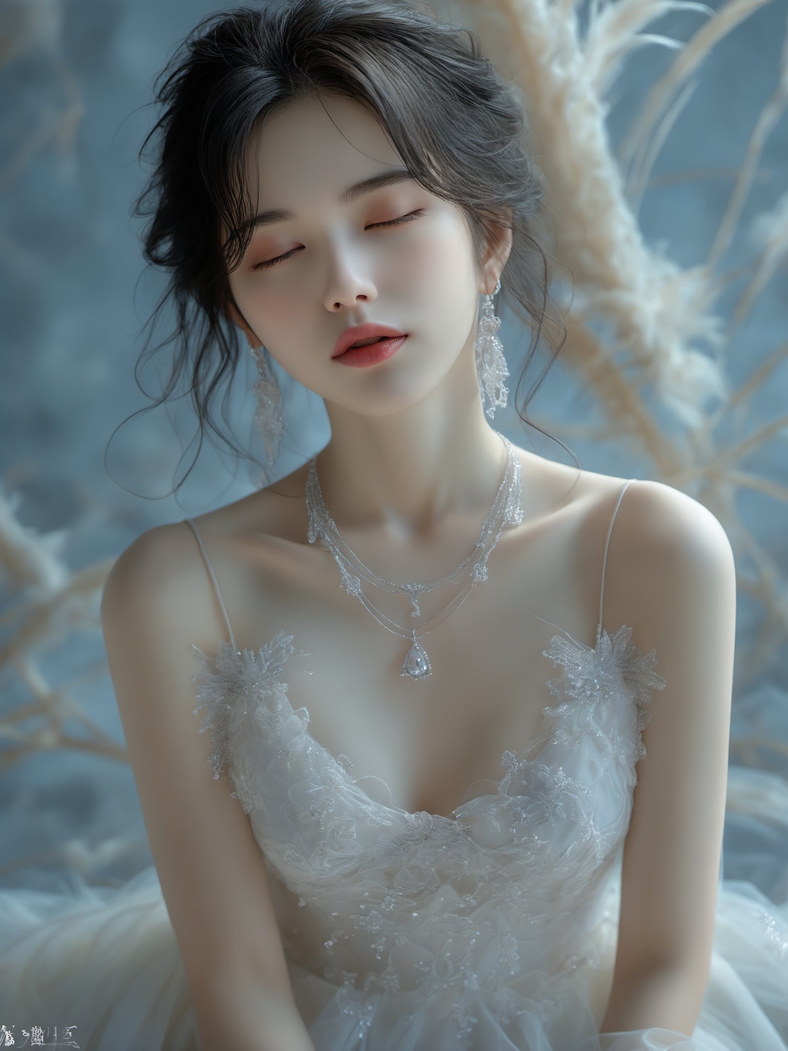 anan, 1girl, solo, closed eyes, black hair, realistic, parted lips, jewelry, breasts, earrings, dress, lips, upper body