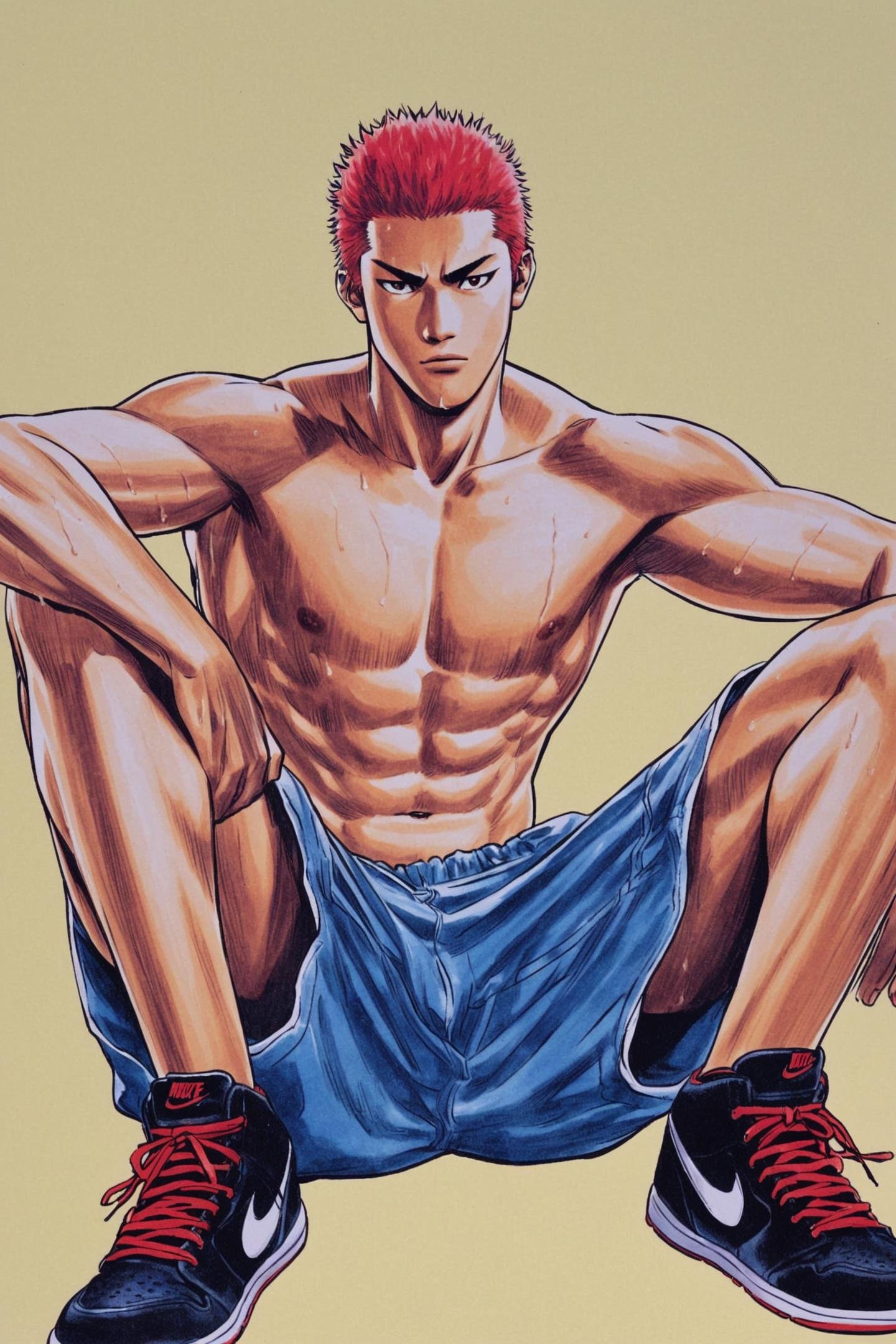 Sakuragi Hanamichi, 1boy, male focus, solo, shoes, red hair, sitting, sneakers, shorts, traditional media, topless male, blue shorts, full body, nike, toned male, abs, marker (medium), toned,<lora:Inoue Takehiko_XL:0.8>,