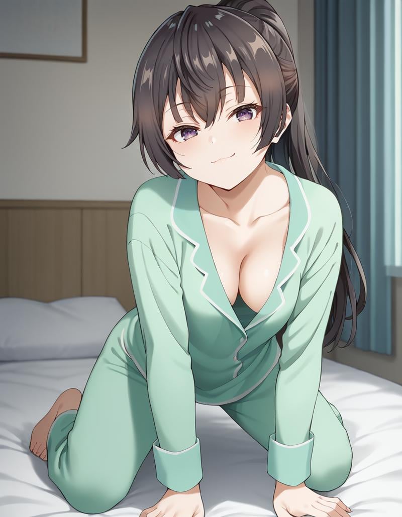 score_9, score_8_up, score_7_up, source_anime,1girl, solo, looking at viewer, indoors, bed, blurry background, smug, leaning forward, downblouse, full body, straddling, girl on top,yuki suou, black hair, long hair, ponytail, hair between eyes, purple eyes,pajamas, collarbone, cleavage, long sleeves, long pants,<lora:yuki_suou_anime_v4-soralz:1>