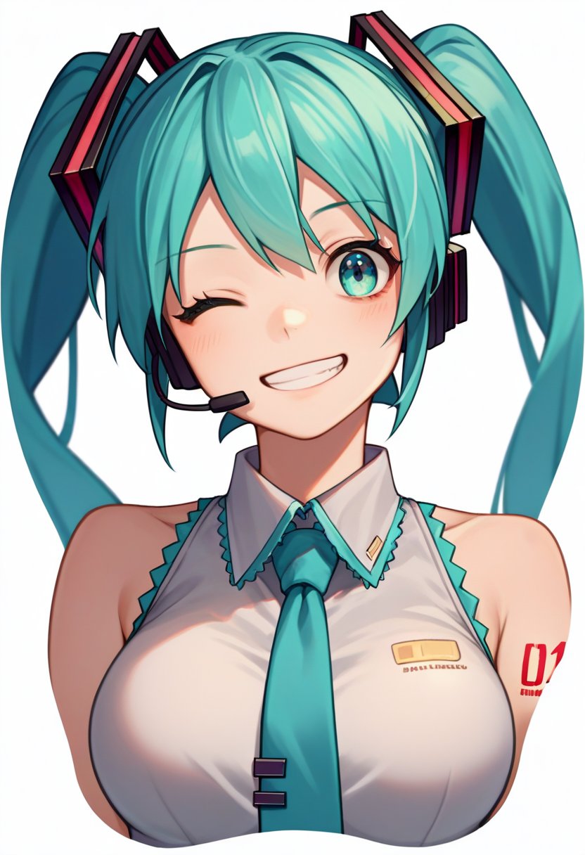 score_9, score_8_up, score_7_up, source_anime, mousepad \(medium\), simple background, white background, upper body, cropped torso, solo, 1girl, hatsune miku, grin, looking at viewer, twintails, headset, one eye closed, sleeveless shirt, aqua necktie, bare shoulders, large breasts <lora:concept_mousepad_ponyXL:1>