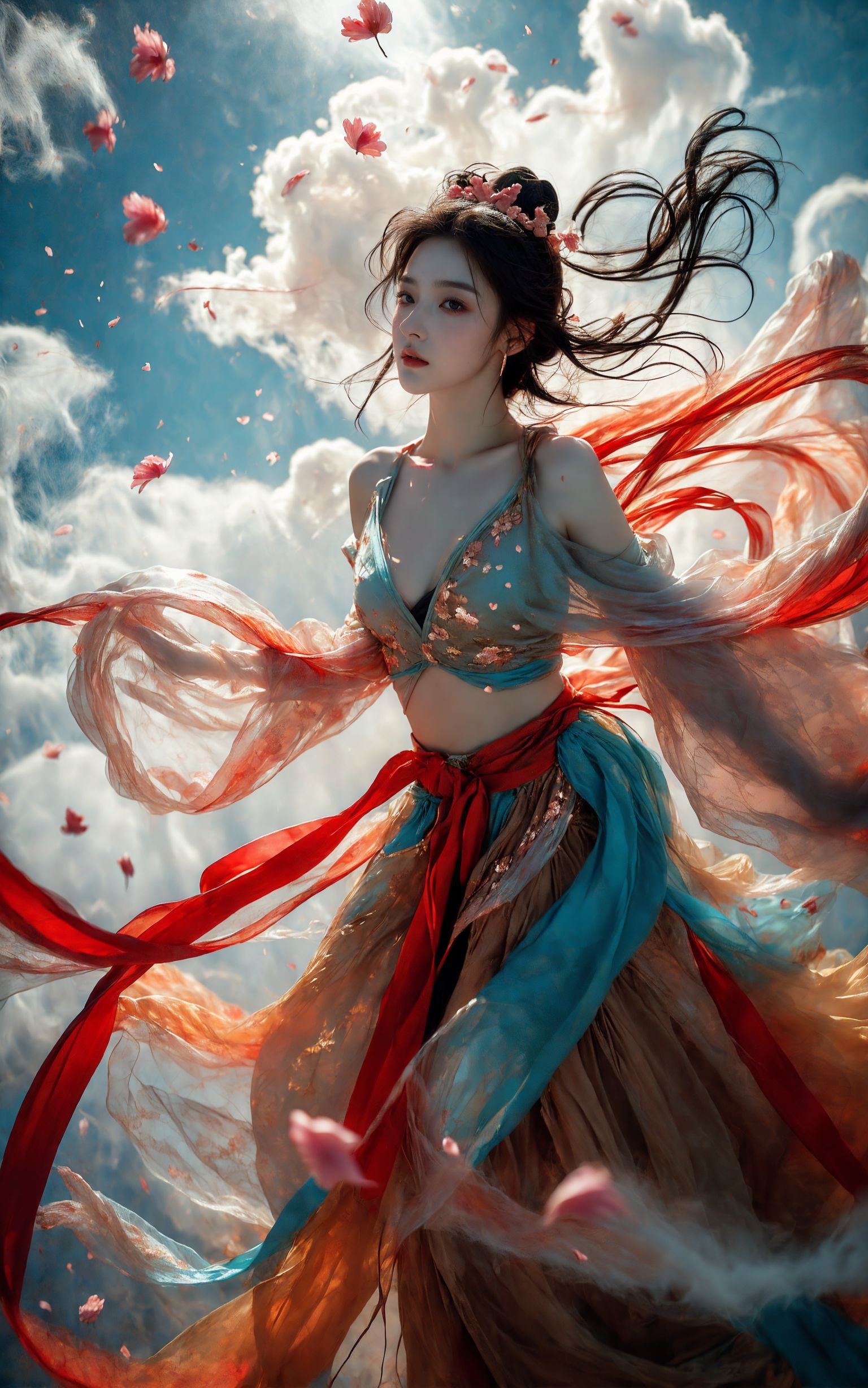 xuer Fairy in Clouds,Clouds,Fog,smoke,(full body:1.1),Fly,(float,fall:1.4),Dynamic Angle,Perspective,medium breasts,(Scattered petal:1.3),exposed collarbone,exposed shoulders,exposed abdomen,colorful costumes,Cyan red ribbon,<lora:绪儿-云中仙V3 xuer Fairy in Clouds:0.8>,