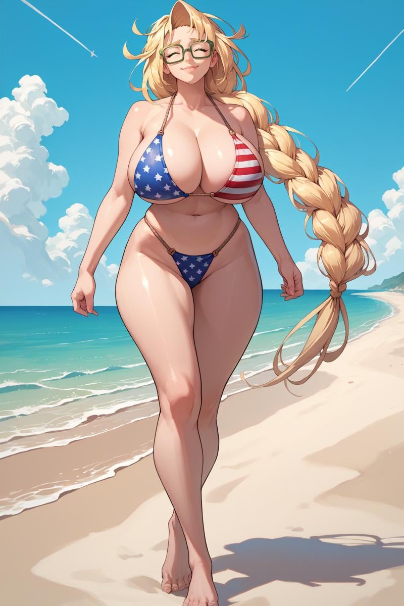 score_9, score_8_up, score_7_up, score_6_up, source_anime, 1girl, solo <lora:emilysimmons-pdxl-nvwls-v1-000005:1> esimmons, blonde hair, green eyes, braided ponytail, very long hair, glasses, american flag bikini, huge breasts, closed eyes, happy, beach, blue sky, full body, barefoot, walking