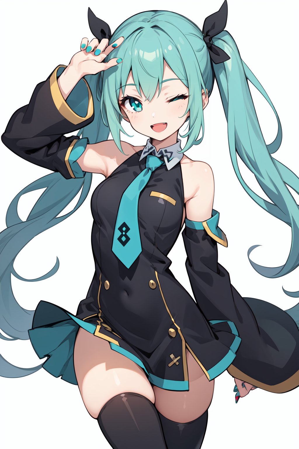 1girl, , ;d, aqua eyes, aqua hair, black thighhighs, cowboy shot, detached sleeves, long hair, looking at viewer, nail polish, necktie, one eye closed, open mouth, smile, solo, thighhighs, twintails, white background, 