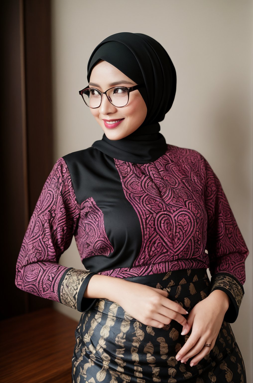 1girl, javabatik, pink and black batik, pattern batik, super realistic 3/4 shot, passionate pose, professional photography portrait of a 30 year old hijab woman in the luxury room, very realistic skin, cinematic lighting, very original batik fabric details, glasses, holding a waist, super thin and transparent leggings, long sleeve striped t-shirt, (big hips: 1.2), smiling, looking at the camera, (masterpiece :1.0), (best quality: 1.0), beautiful, (intricate details), unity 8k wallpaper, very detailed and really brightens up the realistic room, <lora:javabatik_1:0,8>