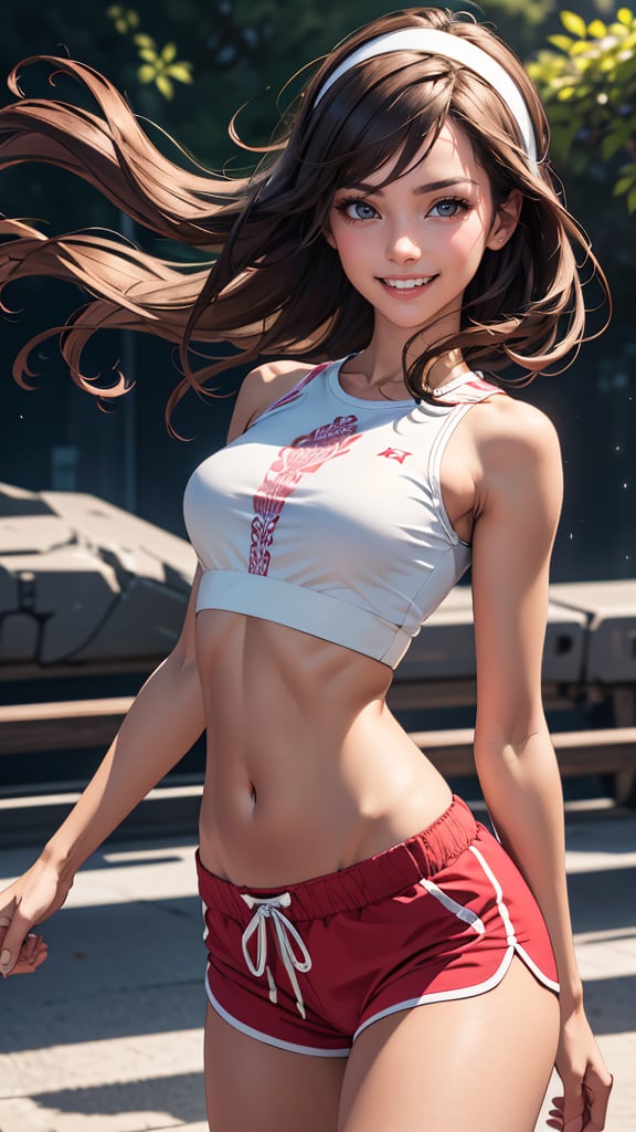 (best quality, masterpiece, colorful, highest detailed) upper body photo, fashion photography of cute 1 Venezuelan girl, very slim, skinny, atmospheric scene, solo, midriff, (light smile:0.3), navel, white crop top, brown hair, shirt, grin, outdoors, standing, [[pink headband]],[sport shorts], (ultra-detailed body), (intricate details), (dynamic angle)