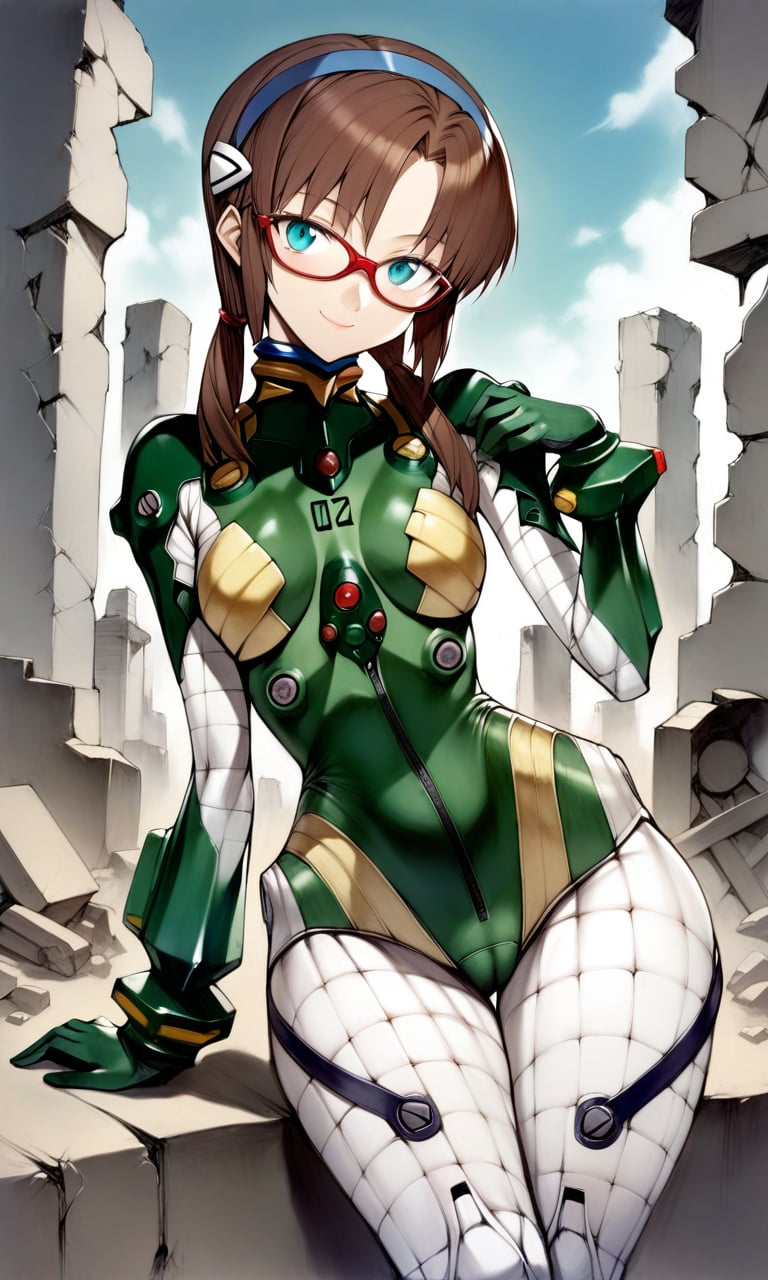 solo, 1girl, maritest, aqua eyes, hairband, brown hair, red-framed eyewear, plugsuit, bracer, quilted bodysuit, thick thighs, wide hips, looking at viewer, light smile, outdoors, ruins, masterpiece, absurdres, by nyatabe, by (mogudan:0.6), <lora:MariTestSuit_XL:1><lora:Nyatabe_XL:0.65> <lora:Fixhands_anime_bdsqlsz_V1:1> 