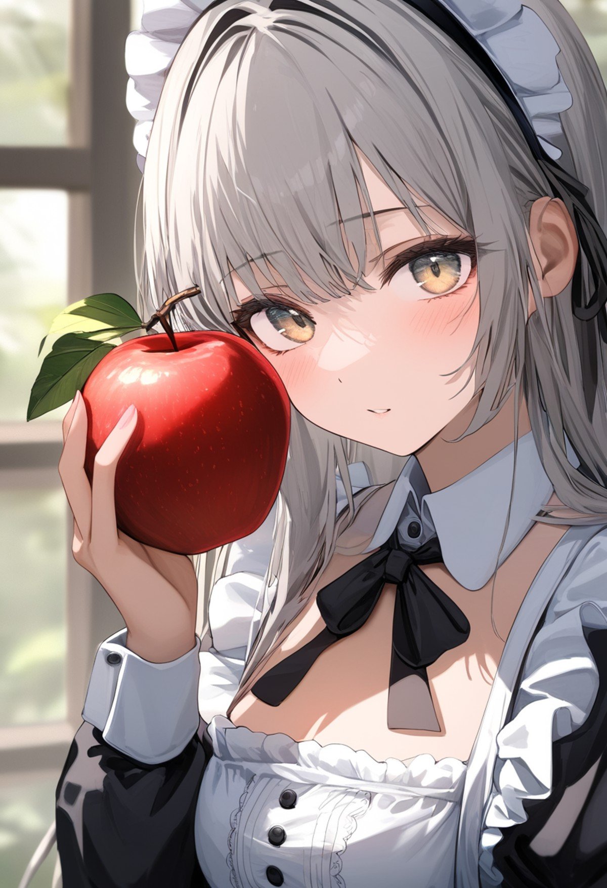 1girl,solo,Grey hair,long hair,maid's outfit,close-up of face,looking at viewer,holding apple,newest,very aesthetic,highly detailed,best quality,absurdres,detailed,HDR,natural light,