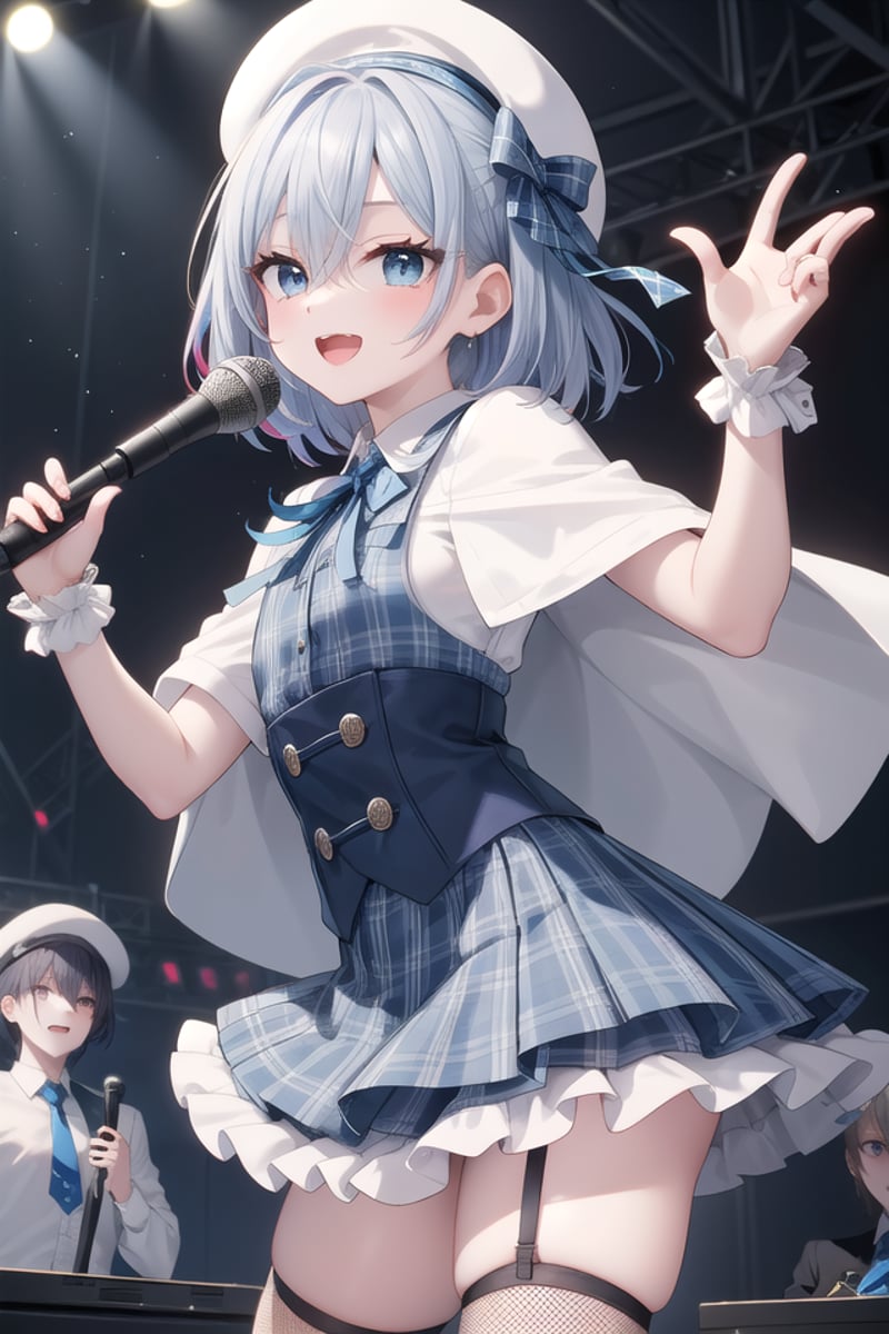 insanely detailed, absurdres, ultra-highres, ultra-detailed, best quality,1girl, solo, nice hands, perfect handsBREAK(nsfw:-1.5),(gothic drress, Idol costume:1.3), (blue and white theme:1.2), (white blouse:1.4), (white collar, tie:1.3), (open short-cape:1.3), (short sleeve:1.2), (blue tartan-check pattern (ruffle-skirt, multilayer-skirt):1.4), (white basque-beret with ribbon:1.3), (Fishnet stockings:1.3), (glove:1.2), (cleavage:-1.5)BREAKhappy smile, laugh, open mouth, (standing, singing, dancing, holding microphone:1.4)BREAK,seductive pose, cowboy shotBREAKslender, kawaii, perfect symmetrical face, ultra cute girl, ultra cute face, ultra detailed eyes, ultra detailed hair, ultra cute, ultra beautifulBREAKindoors, concert hall, idol live, crowded audienceBREAKmedium breastsBREAK(random color hair, multicolored hair:1.2), rainbow color eyes, messy hair, hair between eyes