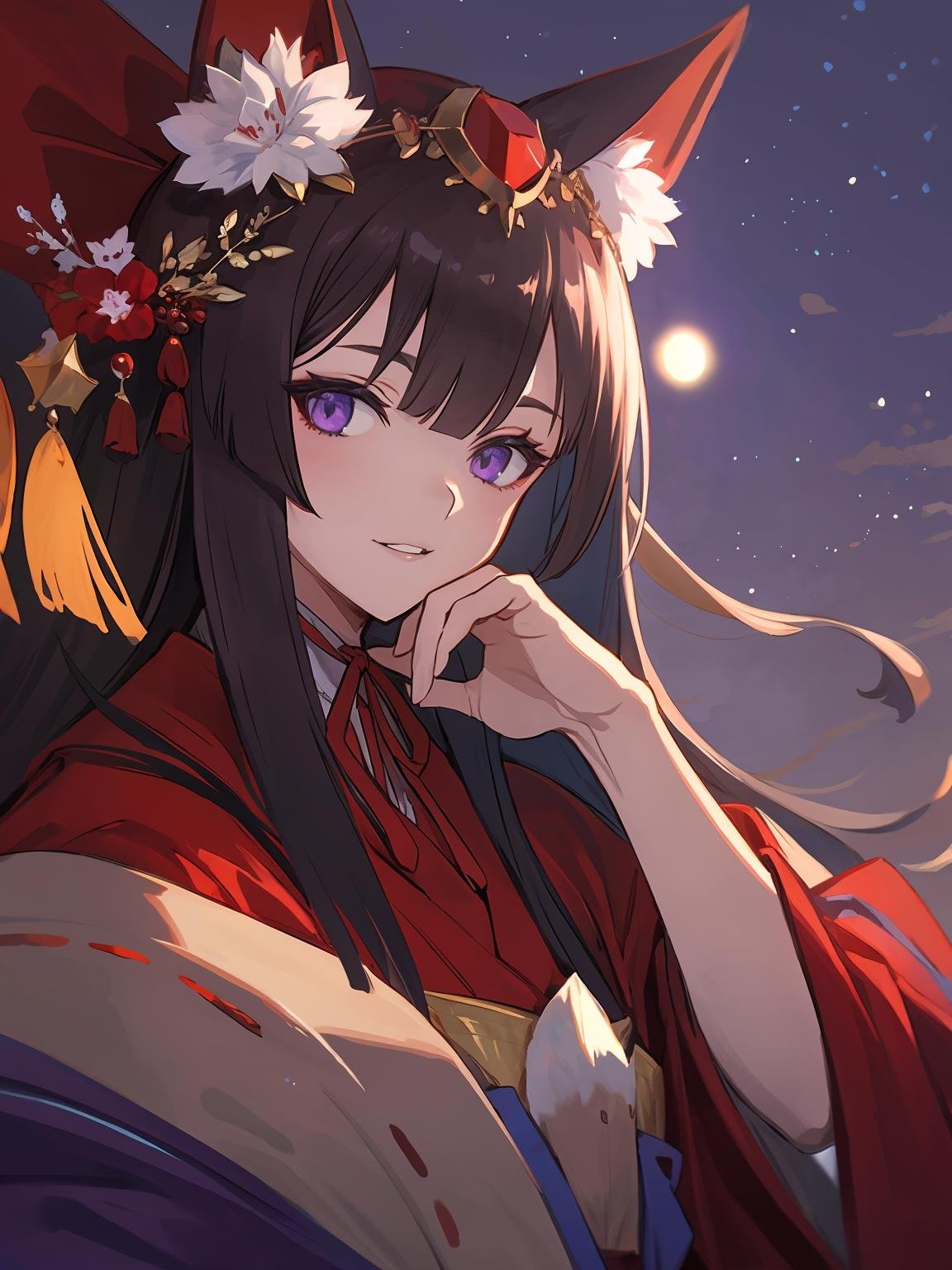 masterpiece,best quality,highres,cinematic lighting,dramatic angle,<lora:ShadowverseGinsetsuV7-000021:0.8>,1girl,animal ears,hair ornament,purple eyes,black hair,long hair,smile,parted lips,looking at viewer,japanese clothes,obi,wide sleeves,hand  on own cheek,red topwear,purple skirt,portrait,from below,moon,close-up