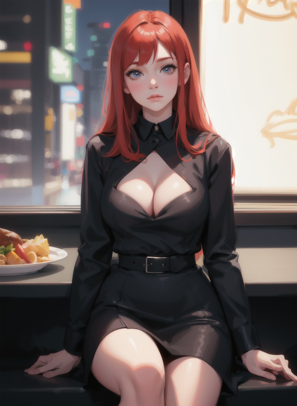 a beautiful ginger woman, simple dress, detailed face, 1girl, vivid colors, (realistic, photorealistic), (masterpiece, best quality, ultra detailed), (ultra realistic details, illustration), ((90s dinner)), [skyscraper], (sitting at booth), (neon_lights), cleavage,