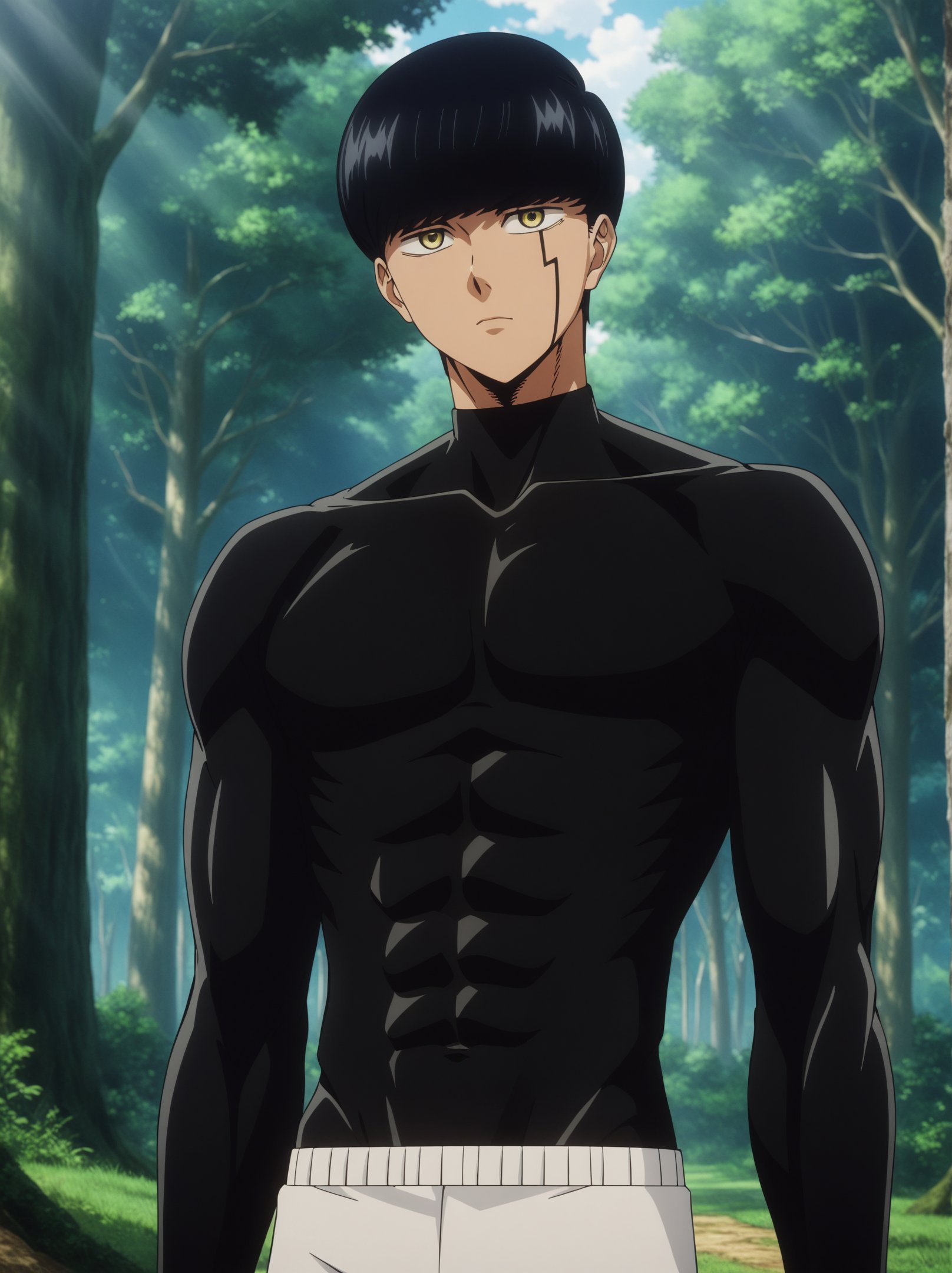 masterpiece, best quality, very aesthetic, ultra detailed, intricate details, 4k, anime style,mashlebody, 1boy, solo, male focus, bangs, black hair, yellow eyes, bowl cut,bodysuit, black bodysuit, shorts, white shorts, suit, abs, mashle, mash burnedead, upper body, looking at viewer, forest, outdoors, tree, sunlight, cloudy, <lora:Mashle_XL:1>