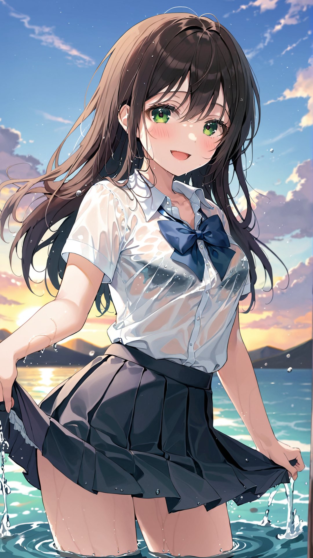 artist(roha), roha, , 1girl, wet clothes, solo, wet, wringing clothes, skirt, shirt, see-through, long hair, sky, open mouth, smile, wading, blush, white shirt, green eyes, underwear, bow, water, short sleeves, bra, wet shirt, school uniform, black skirt, looking at viewer, outdoors, sunset, pleated skirt, cloud, :d, bangs, bowtie, bra visible through clothes, blue bra, standing, brown hair, collared shirt, hair between eyes, blue bow, black hair, ocean, breasts, dress shirt