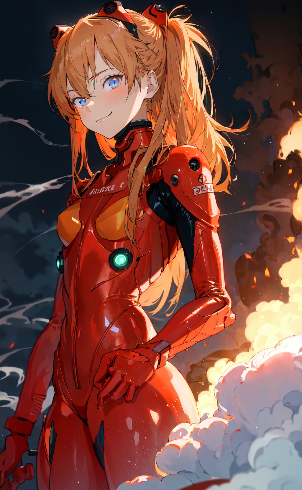 masterpiece, best quality, 1girl, souryuu asuka langley, plugsuit, smug, smirk, dark, moody, smoke, glow, glowing, depth of field