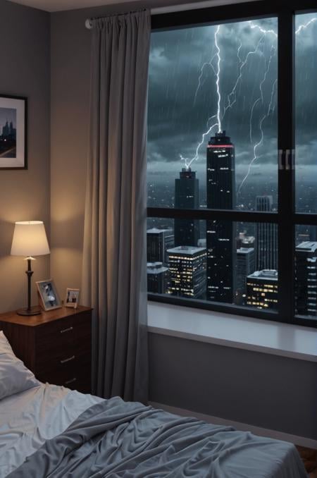 moody aesthetic, beautiful cozy, bedroom with large glass windows overlooking a big city at night, view from top of skyscraper, white bedsheets, bookshelves, thunderstorm outside with torrential rain, detailed, high resolution, photorrealistic, dark, gloomy,