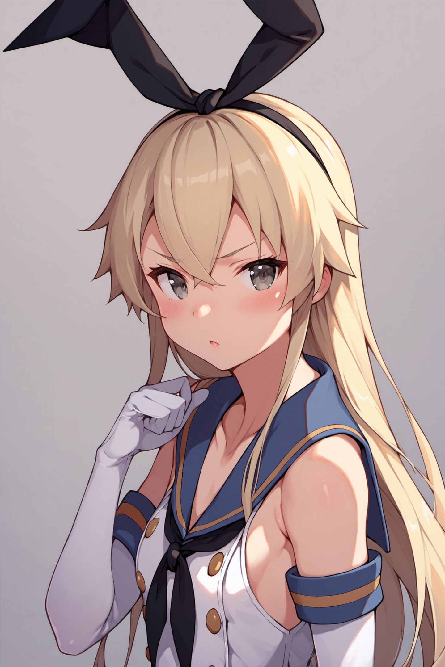 shimakaze (kancolle),1girl,long hair,solo,elbow gloves,gloves,blonde hair,anchor hair ornament,hairband,hair ornament,grey eyes,looking at viewer,blush,:<,upper body,white gloves,serafuku,sailor collar,score_9,score_8_up,<lora:Kanzaki Hiro_XL_PONY:0.9>,