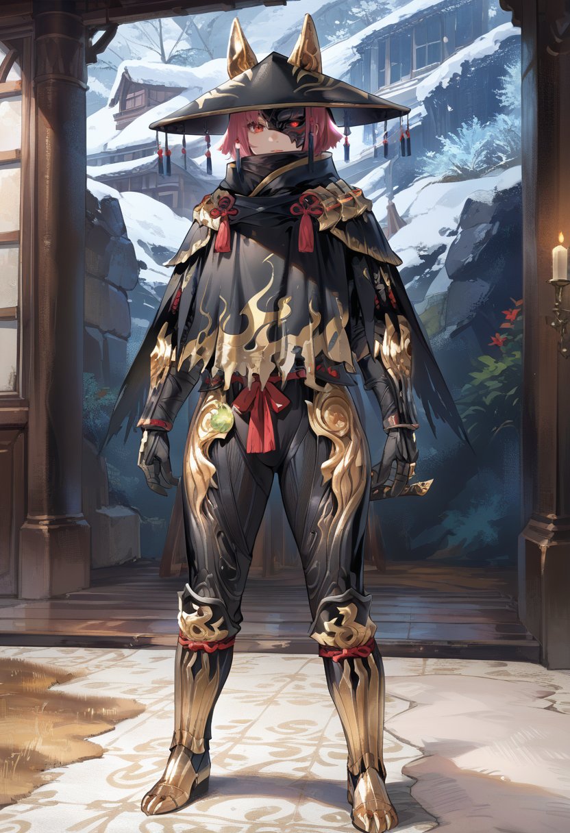 source_furry,(score_9:0.9),score_8_up,score_7_up,rating_safe,anime style,(zPDXL),<lora:Ex Odogaron Armor ponyXL v1.2:0.78>,ex odogaron armor,gold headwear,black mask,gold gloves,gold cape,gold pants,gold knee boots,glowing,solo,standing,1girl,red eyes,indoors,full body,ice,snow,looking at viewer,pink hair,gold animal ears,one eye covered,short hair,outdoors,