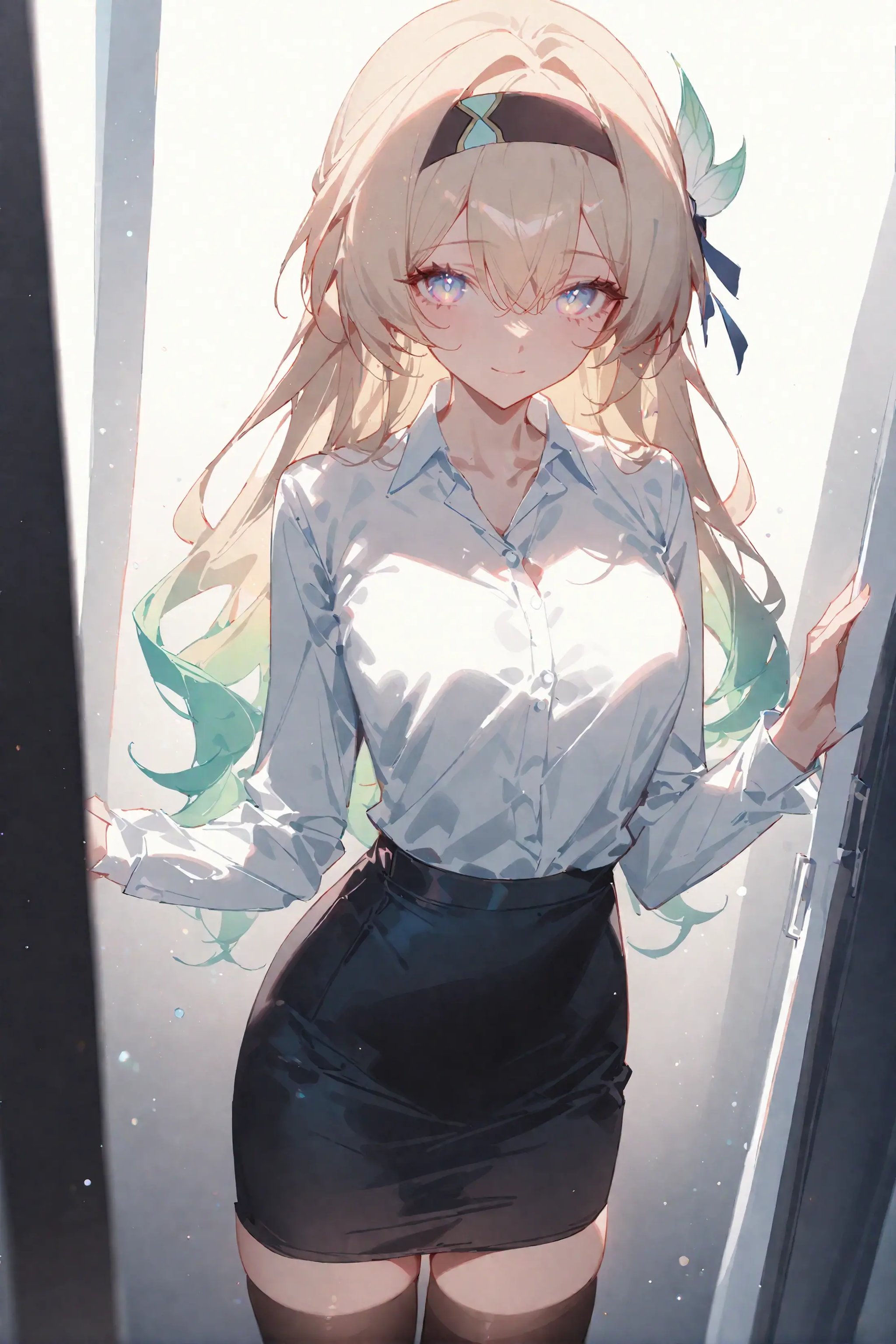 masterpiece, best quality, very aesthetic, ray tracing, newest,(hitenkei, askzy:0.5), 1girl, firefly \(honkai: star rail\), hairband, solo, office lady, collared shirt, white shirt, pencil skirt, black thighhighs, looking at viewer, cowboy shot, light smile, office, indoors, depth of field <lora:Char-HonkaiSR-Firefly-XL-V2:0.9>