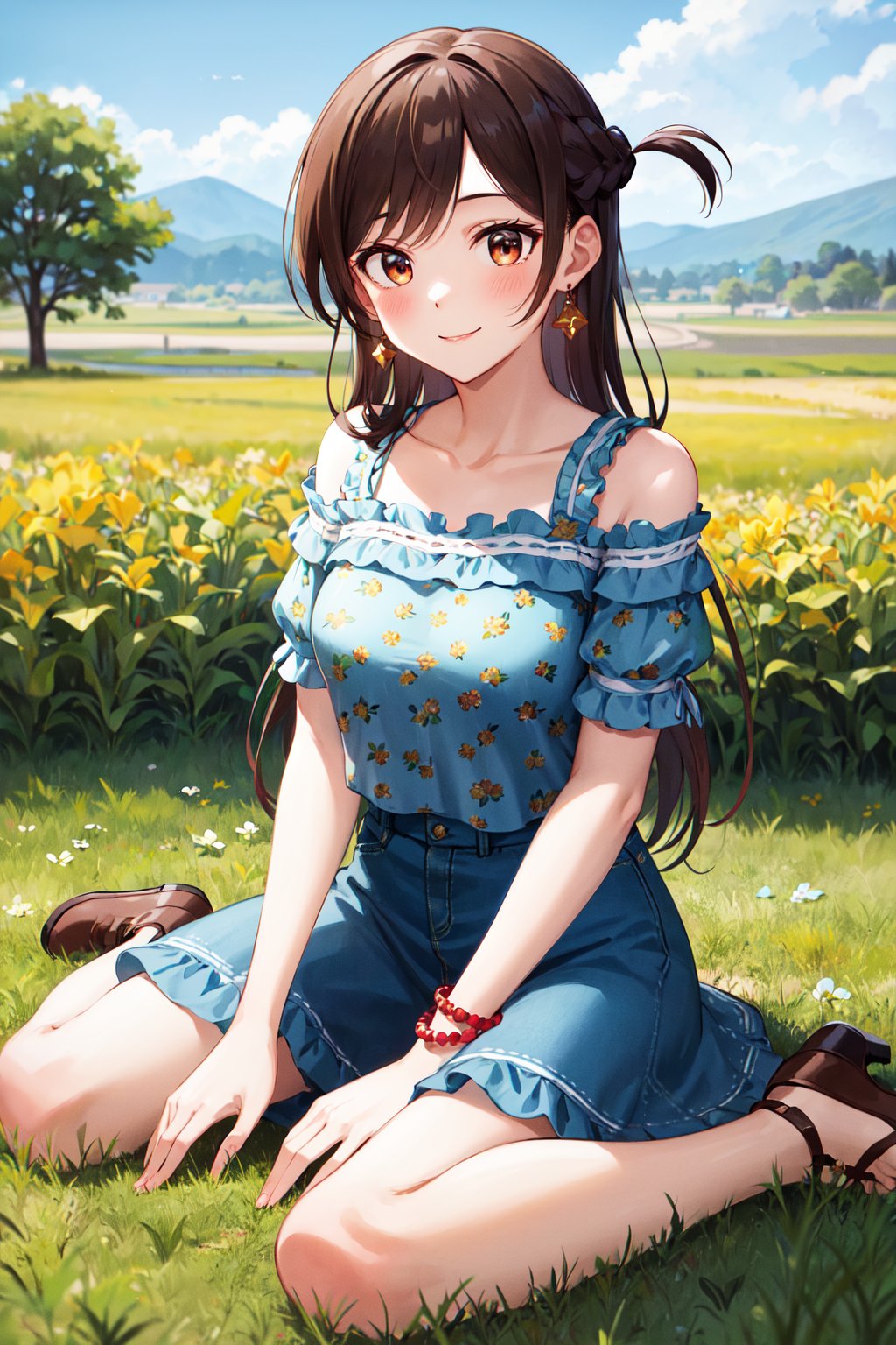 masterpiece, best quality, highres, aachizuru, long hair, one side up, earrings, bare shoulders, floral print, frills, blue shirt, short sleeves, bracelet, blue skirt, <lora:mizuhara_chizuru_v2:0.7>, grass, field, wariza, smile