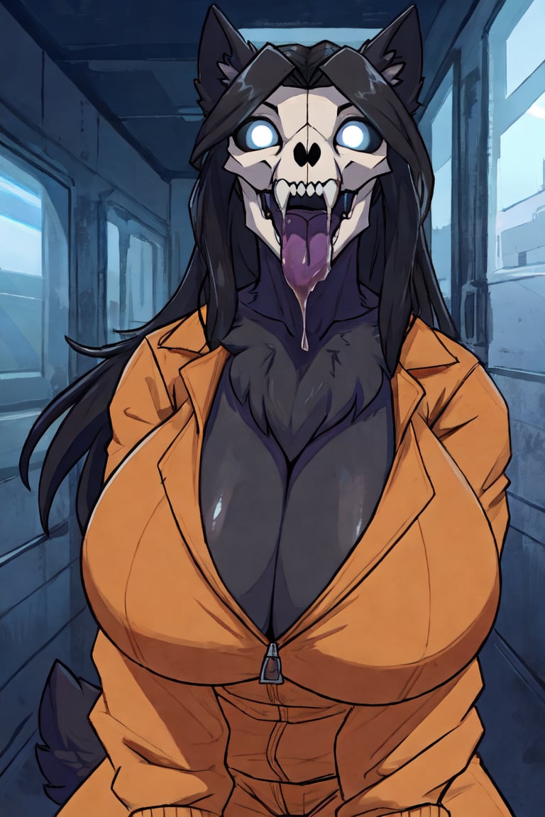 1girl,  huge_breasts, malo,  skull_head,  white_eyes,  dark_skin,  furry female,  anthro,  furry with non-furry,  fur,  black fur,  detailed_fur,  long_hair,  messy_hair,  neck_fur,  open_mouth,  (visible_breath),  glowing_eyes,  tongue_out,  scp foundation,  in the dark,  (orange)jumpsuit,  cleavage,  drool,<lora:EMS-7167-EMS:0.800000>,<lora:EMS-21715-EMS:0.800000>