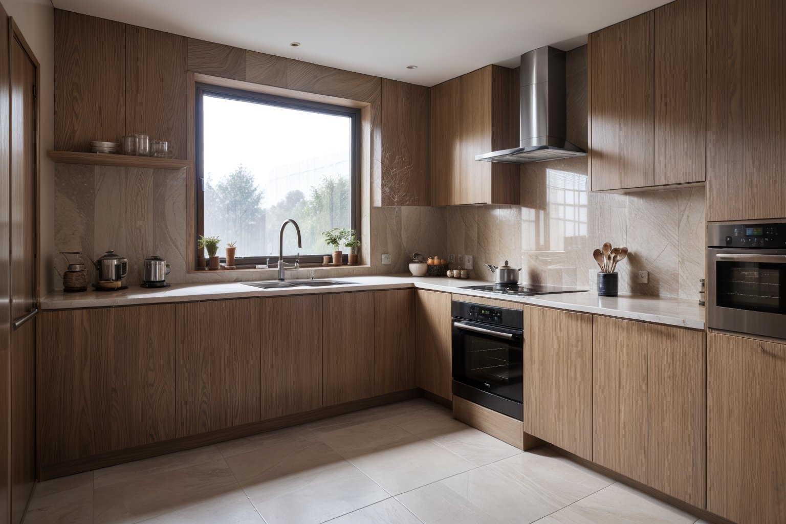 interior,a kitchen with a table and chairs and a wine rack in the middle of the room with a window,Dahlov Ipcar,vray render,a 3D render,photorealism,food,indoors,no humans,window,chair,table,plant,scenery,plate,shelf,kitchen,frying pan,sink,stove,Dive into the ultra-detailed 8k masterpiece,carefully crafted with photorealistic precision of 1.37 ratio,all in the essence of Nayuta Nordic Modern Interior Design. Art form: Photography. Inspired by the techniques of Annie Leibovitz,the kitchen showcases professional lighting,a scenery where the play of radiosity brightens the room. A stove with a frying pan,a gleaming refrigerator beside tiles and cabinet,a sink with a faucet overlooking a tile wall. On the shelf,there's a spatula,a chair nearby with a plant and some food in a jar. Lens:35mm. The room basks in a warm color temperature. Perfectly illuminated with ray tracing and the best shadows using physically-based rendering,<lora:add_detail:0.5>,<lora:more_details:0.5>,