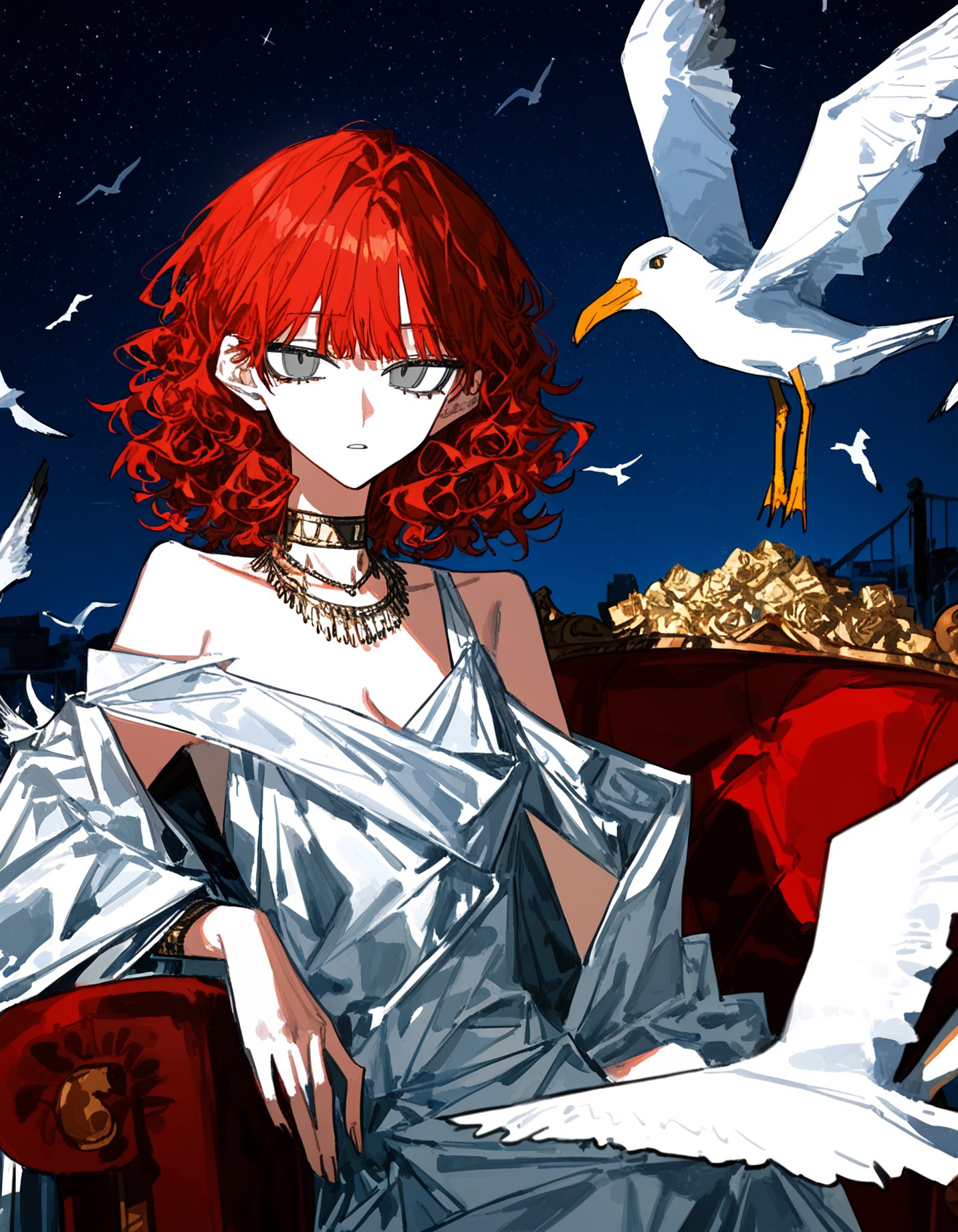 (dino \(dinoartforame\), cogecha:0.7), (quasarcake, 3j dangan,:1.1), 1girl, solo, breasts, looking at viewer, cleavage, jewelry, upper body, red hair, parted lips, sky, choker, medium hair, necklace, grey eyes, night, bird, star \(sky\), night sky, starry sky, curly hair, seagull, toga, luxurious armchair, gold