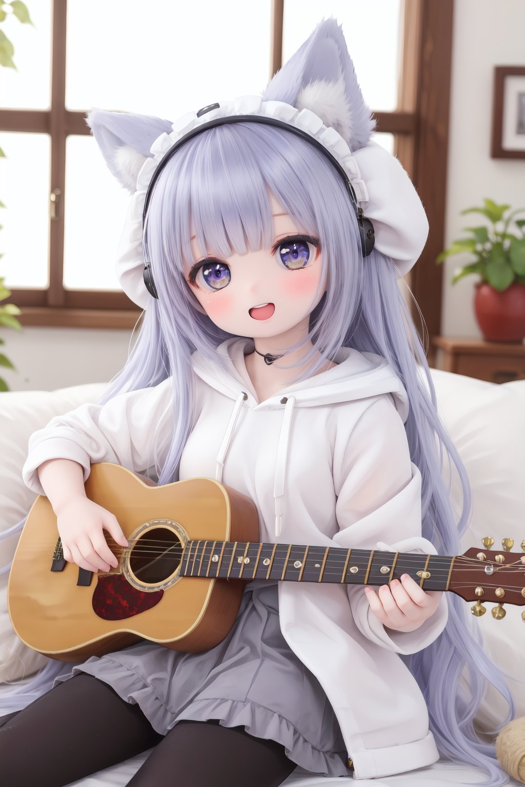 (ultra-detailed),highres,original,tabheadstyle,oimo_imoo,lapingrisstyle1,(best quality),(detailed eyes),((masterpiece)),sunlight through the window,1girl,wolf ears,acoustic_guitar,bangs,blunt_bangs,drawstring,hair_ornament,holding,hood,hood_up,hoodie,instrument,long_hair,multicolored_hair,music,open_mouth,sharp_teeth,sitting,smile,solo, , white pantyhose<lora:doll-v1:0.5>,