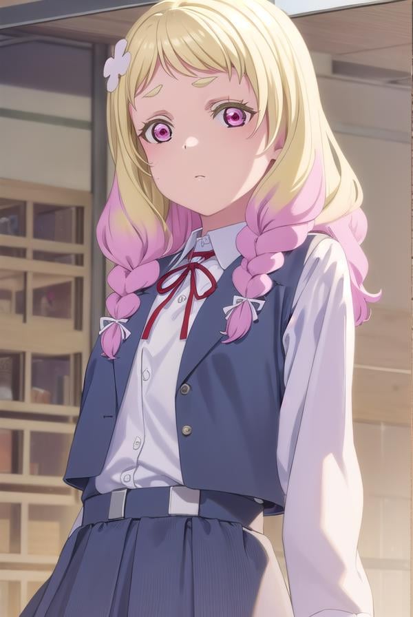 natsumionitsuka, <lora:natsumi onitsuka s2-lora-nochekaiser:1>,natsumi onitsuka, long hair, blonde hair, hair ornament, pink hair, braid, flower, multicolored hair, hair flower, (pink eyes:1.3), twin braids, gradient hair,BREAK shirt, dress, ribbon, school uniform, jacket, white shirt, open clothes, collared shirt, open jacket, red ribbon, neck ribbon, blue jacket, pinafore dress, grey dress, yuigaoka school uniform,BREAK indoors, classroom,BREAK looking at viewer, (cowboy shot:1.5),BREAK <lyco:GoodHands-beta2:1>, (masterpiece:1.2), best quality, high resolution, unity 8k wallpaper, (illustration:0.8), (beautiful detailed eyes:1.6), extremely detailed face, perfect lighting, extremely detailed CG, (perfect hands, perfect anatomy), 