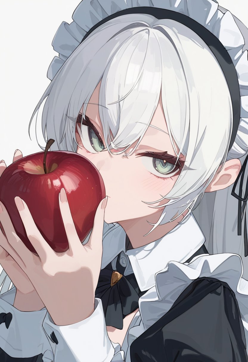 1girl,solo,white hair,very long hair,maid,close-up of face,looking at viewer,holding apple,newest,highres,absurdres,highly detailed,best quality,