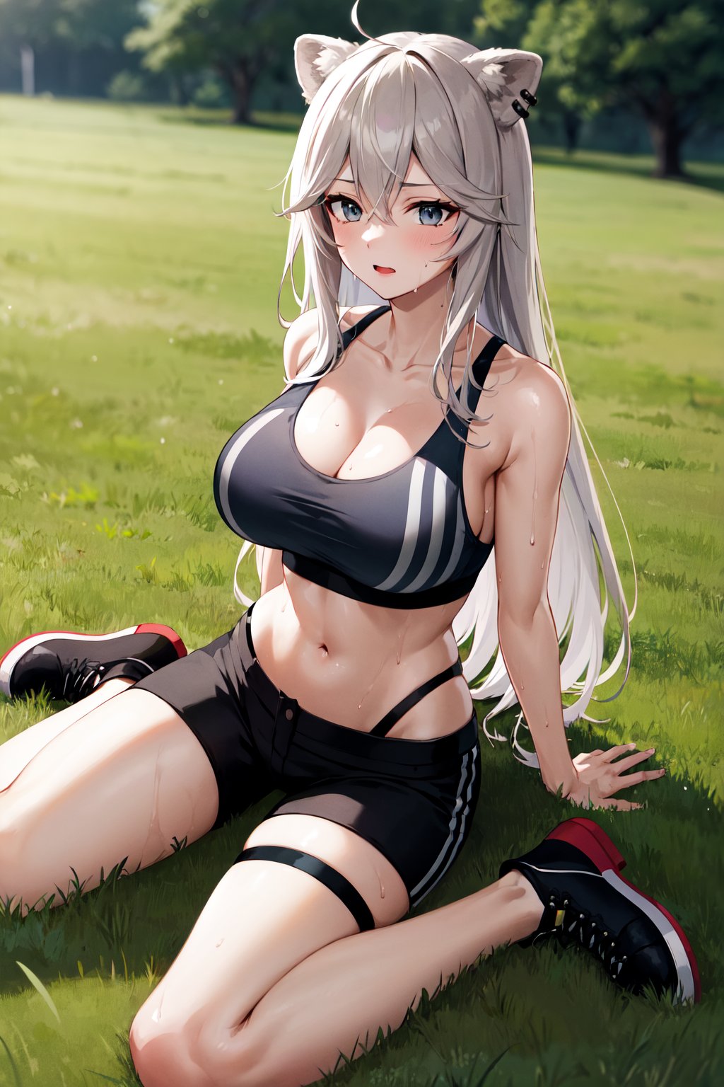 masterpiece, best quality, highres, ddbotan, long hair, ahoge, animal ears, ear piercing, large breasts, collarbone, bare shoulders, cleavage, black sports bra, bare arms, midriff, black shorts, thigh strap, <lora:shishiro_botan_v1:0.7>, grass, field, wariza, sweat