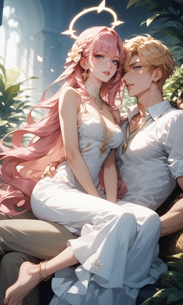 score_9, score_8_up, score_7_up, score_6_up, 1girl, long hair, looking at viewer, short hair, bangs, blue eyes, blonde hair, 1boy, dress, jewelry, sitting, very long hair, pink hair, white hair, hetero, parted lips, pants, necklace, white dress, watermark, halo, plant, anklet, sitting on person, sitting on lap