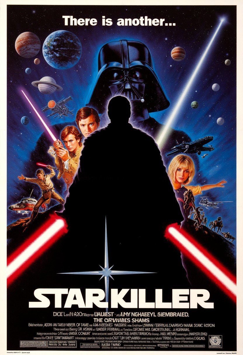 vintage movie poster for "Star Wars: StarKiller", Darth Vader is standing behind a man, the man is only shown by silhouette wearing a black jedi outfit carrying two red light sabers, tag line at the top reads "There is another...", the poster includes planets and other sci-fi things like spacecraft and aliens