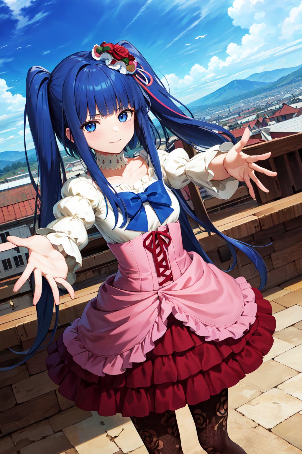 masterpiece, best quality, highres, aaerika, long hair, twintails, hair ornament, choker, pink bow, frilled dress, layered dress, pantyhose, print legwear, <lora:furudo_erika_v1:0.7>, standing, cowboy shot, town, rooftop, sky, reaching out, outstretched arms,
