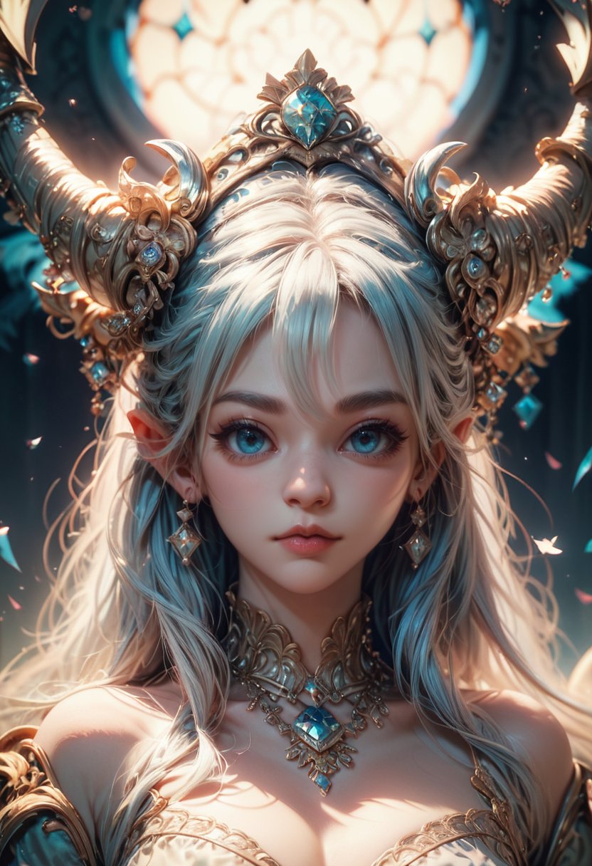 score_9,score_8_up,score_7_up, zPDXL, 1girl, intricate details, detailed line work, crisp, exciting background, dynamic, detailed hair, detailed skin, amazing artwork, gems, horns, cute, blue eyes, closed mouth<lora:fiasco_A1:0.8>