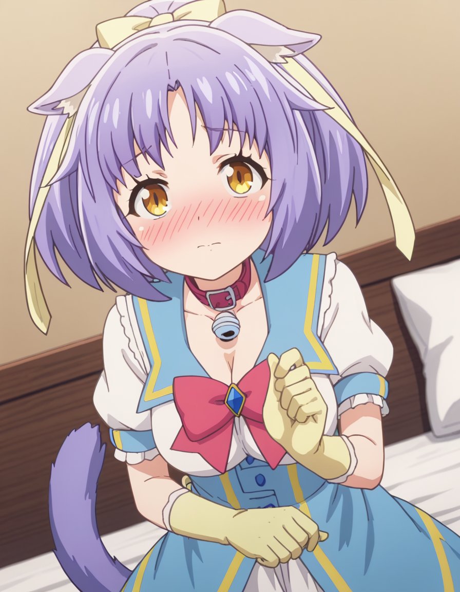 score_9, score_8_up, score_7_up, source_anime,nekoparacinnamon, <lora:nekopara-cinnamon-s1-ponyxl-lora-nochekaiser:1>,cinnamon, short hair, animal ears, yellow eyes, purple hair, cat ears,gloves, bow, ribbon, cleavage, tail, hair ribbon, short sleeves, collar, cat tail, bell, jingle bell, neck bell, yellow gloves,indoors, bed, bed room, on side, blush, drunk,looking at viewer, solo, cowboy shot, dutch angle,