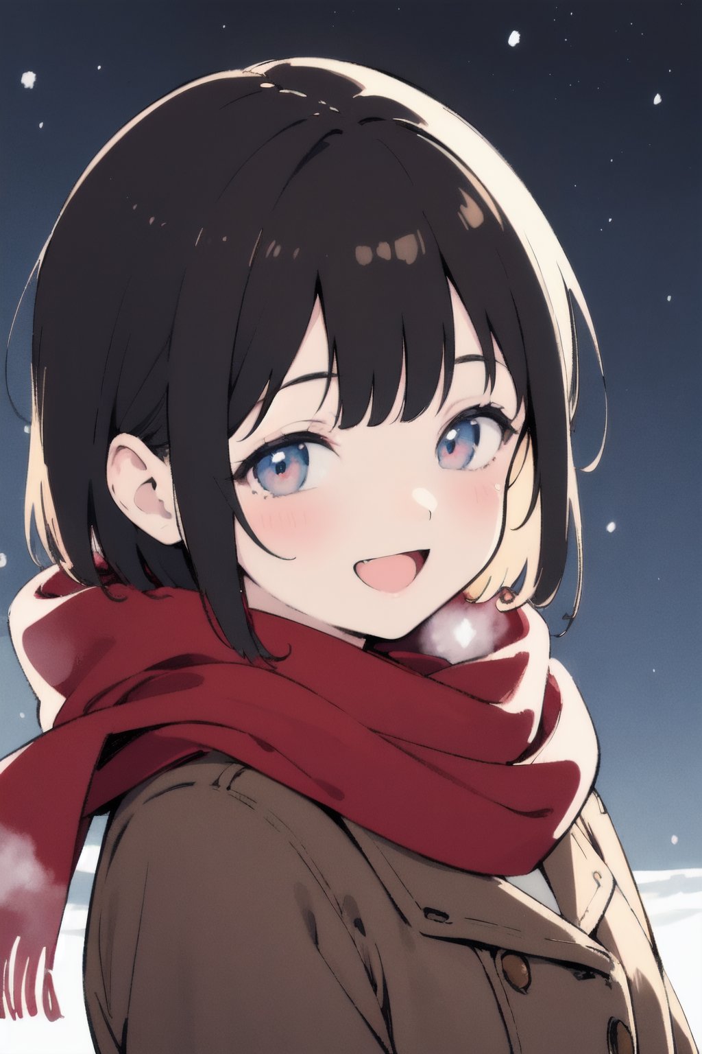 (finely best quality illustration:1.2), (kawaii girl:1.1), (1girl, solo:1.0), (black hair, black short hair:1.0), ((smile:1.0), (:D:0.9), (sigh:1.2):1.0), (brown coat, red scarf:1.0), (upper body, close-up of face:1.0), (outdoors, snow, (snowing:0.7), night, night view, night sky, simple background:1.0), (ultra-detailed, highres:1.0),