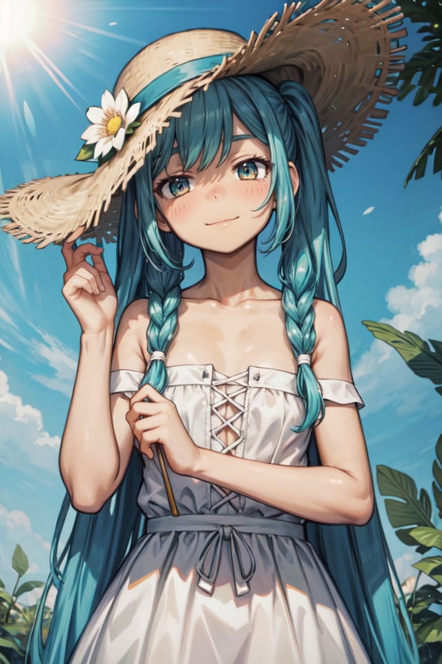 best quality,masterpiece,illustration,1girl,solo,long hair,dress,flower,hat,white dress,holding hat,holding,hat removed,smile,upper body,white flower,leaf,sun hat,headwear removed,bare shoulders,very long hair,aqua hair,twintails,closed mouth,facing viewer,bangs,