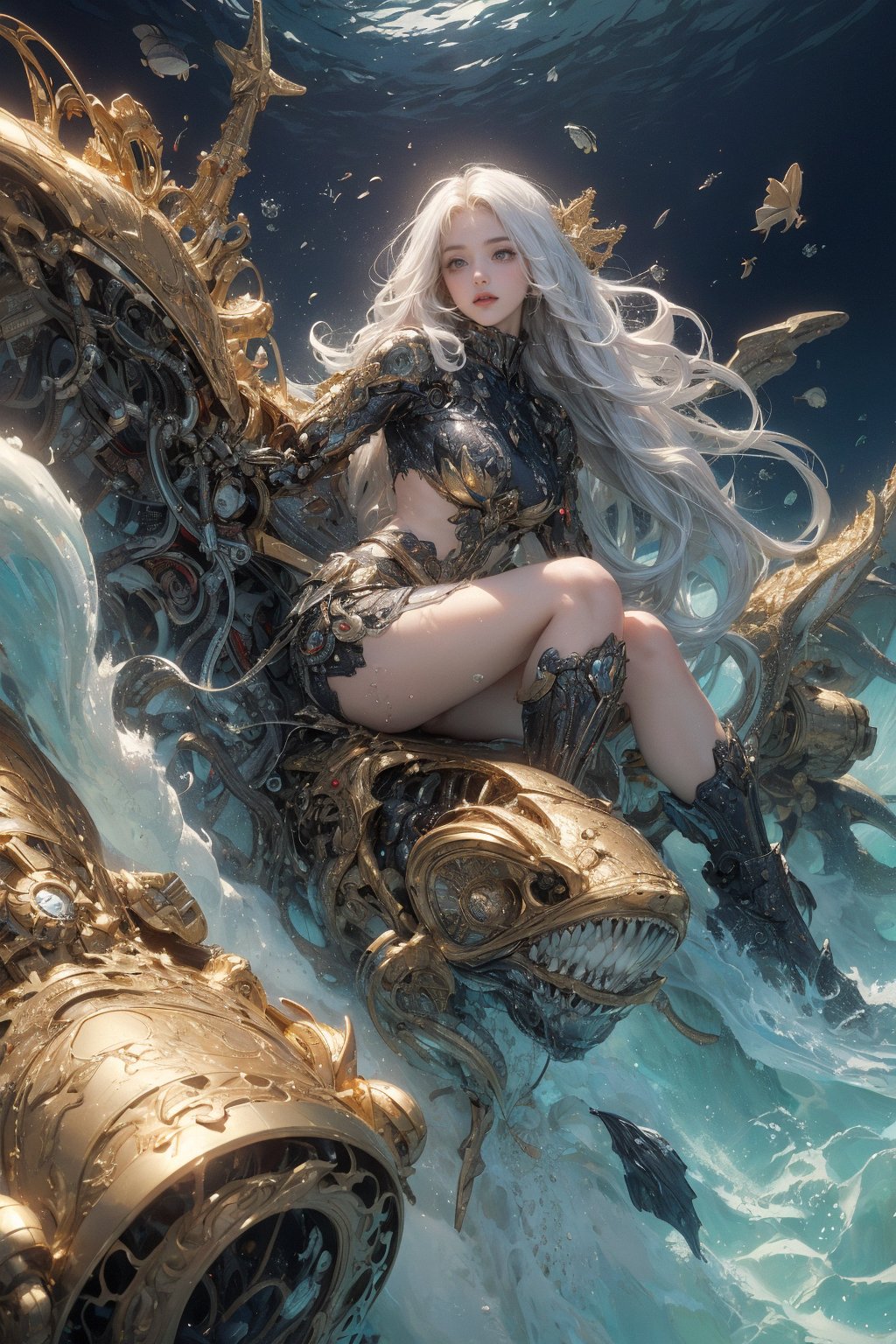 (a masterpiece of simulated film still quality:1.3),(ultra-low angle:1.4),(仰视:1.2),(pocket girl sitting on giant mechanical starfish:1.3),(translucent giant starfish:1.1),(huge vortex:1.2),(waves roll, huge waves),(underwater world:1.3),(extremely fine detail:1.2),(gold texture of machinery:1.2),(gold high-gloss texture:1.2),(very artistic picture:1.2),(epic scene:1.3),(rigorous and elegant composition:1.3),depth scene,(white hair:1.2),(45 tilt composition:1.3),(8k, ultra-fine section, ultra-clear, official art:1.1),(composition of fluid art:1.2),film noir,noise,panorama,(an atmosphere of gloom and horror:1.2),(dido_(magicc):1.4),mechanical,