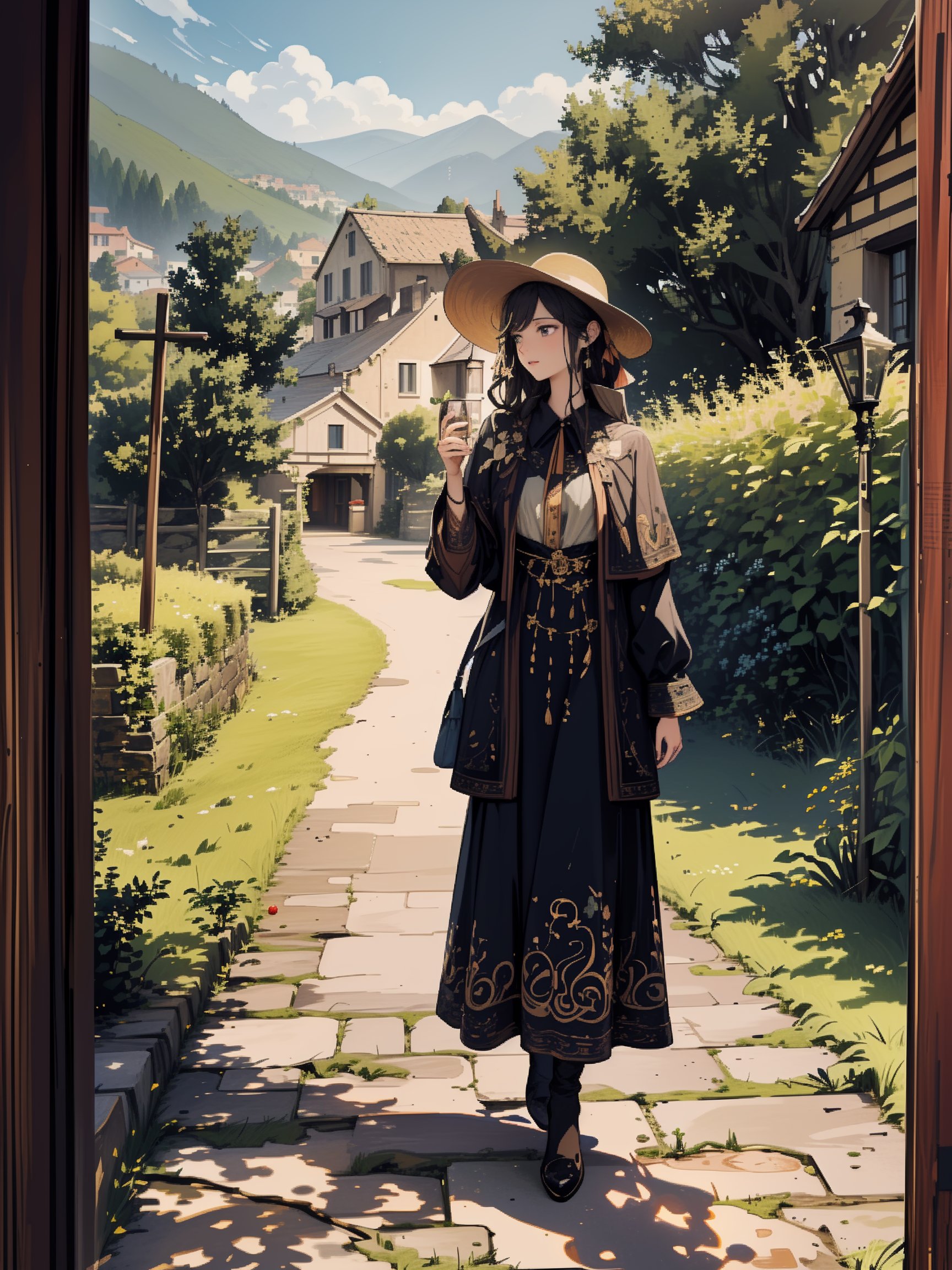 ((extremely detailed illustration)), highres, ((extremely detailed and beautiful background)), (professional illustrasion), (official art), ((Ultra-precise depiction)), ((Ultra-detailed depiction)), (beautiful:1.2 and aesthetic:1.2), beautiful detailed, intricate:1.1, Terra Bella mirrors an Italian countryside town but integrated with magical elements. Cobblestone streets wind through vibrant vineyards and orchards, and the houses have vines intertwining with mystical runes. The town is surrounded by protective enchantments, with trees bearing enchanted fruits and shimmering fields that change color with the seasons, 