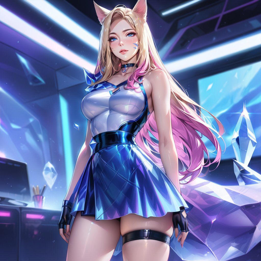 (Masterpiece), mature, HDR,UHD,8K, best quality, Highly detailed, physically-based rendering, extreme detail description, perfect skin, shiny skin, shiny hair,perfect face, 1girl, AllOut, ((asymmetrical_clothing)), blonde hair, blue eyes, pink hair, long sleeve, glove, fingerless glove, thighstrap, multicolored hair, mini skirt, thighs, facial mark, animal ears, tail, crytal, choker,Ahri, blue skirt, white top, K/DA Ahri, bare_shoulder, bare arm, ,LeagueOfLegendsAhri, long hair,ahri<lora:EMS-335737-EMS:0.600000>, <lora:EMS-388761-EMS:0.100000>, <lora:EMS-418655-EMS:0.800000>