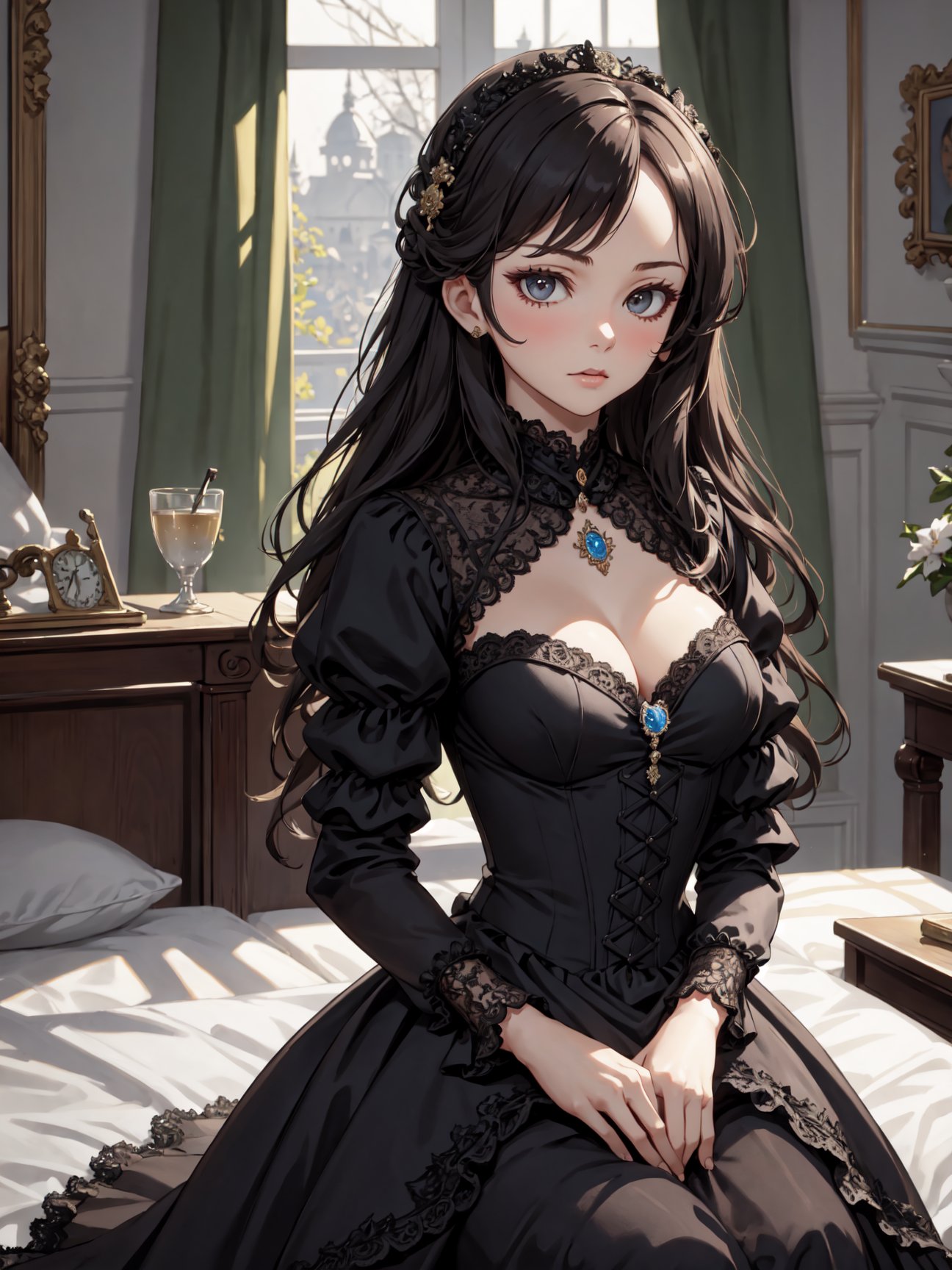 8k, masterpiece, intricately detailed, solo, (1girl), (black victorian dress), <lora:victorian_dress-1.0:0.8>, brooch, lace, bodice, (lace overlay), looking at viewer, serious