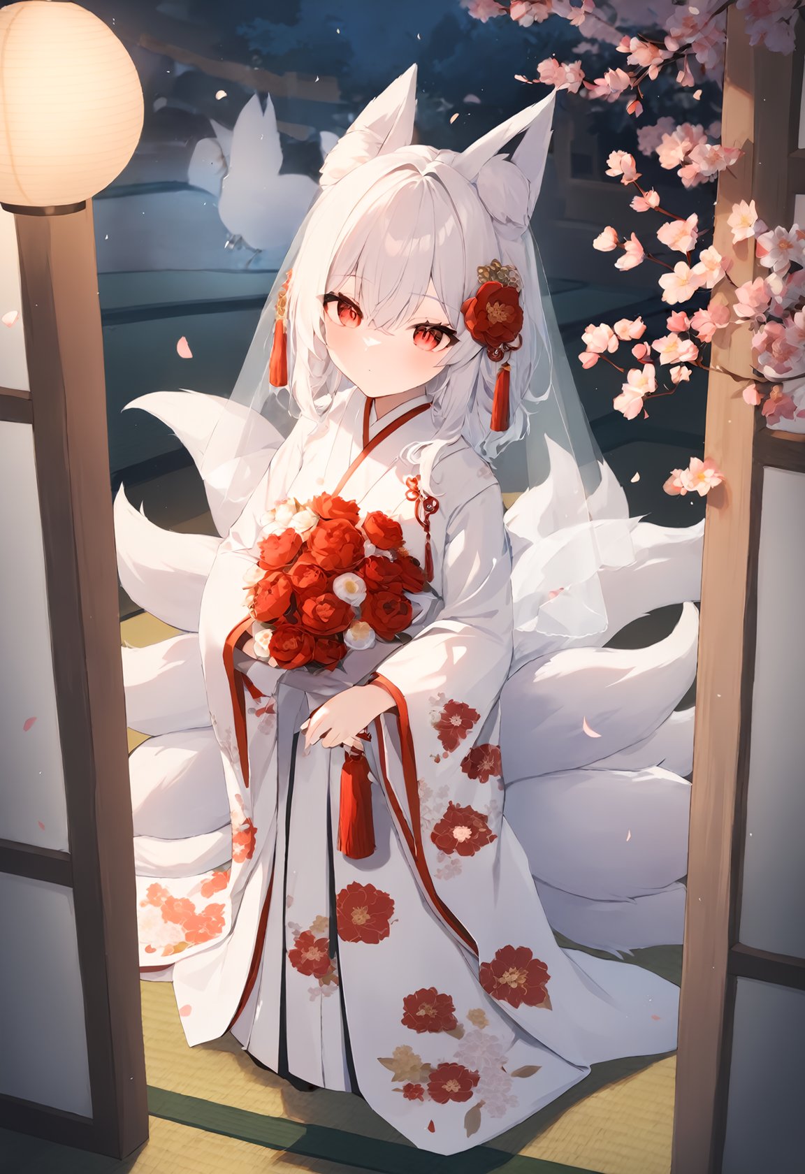 1girl, solo,tail, multiple tails, animal ears, bird, red eyes, fox ears, uchikake, japanese clothes, veil, tail, flower, solo, fox tail, looking at viewer, kimono, white hair, fox girl, standing, long sleeves, wide sleeves, indoors, bangs, eyebrows visible through hair, tatami, full body, closed mouth, white kimono, bride, wedding dress, red flower, bridal veil, yellow flower, holding, tree, floral print, hair ornament, hood, see through, from side, sidelocks, animal ear fluff, tassel, short hair, long hair, dress, white flower, silver hair, ribbon, peony \(flower\), hair between eyes, railing, cherry blossom,masterpiece, best quality, absurdres, recent, newest, safe, sensitive