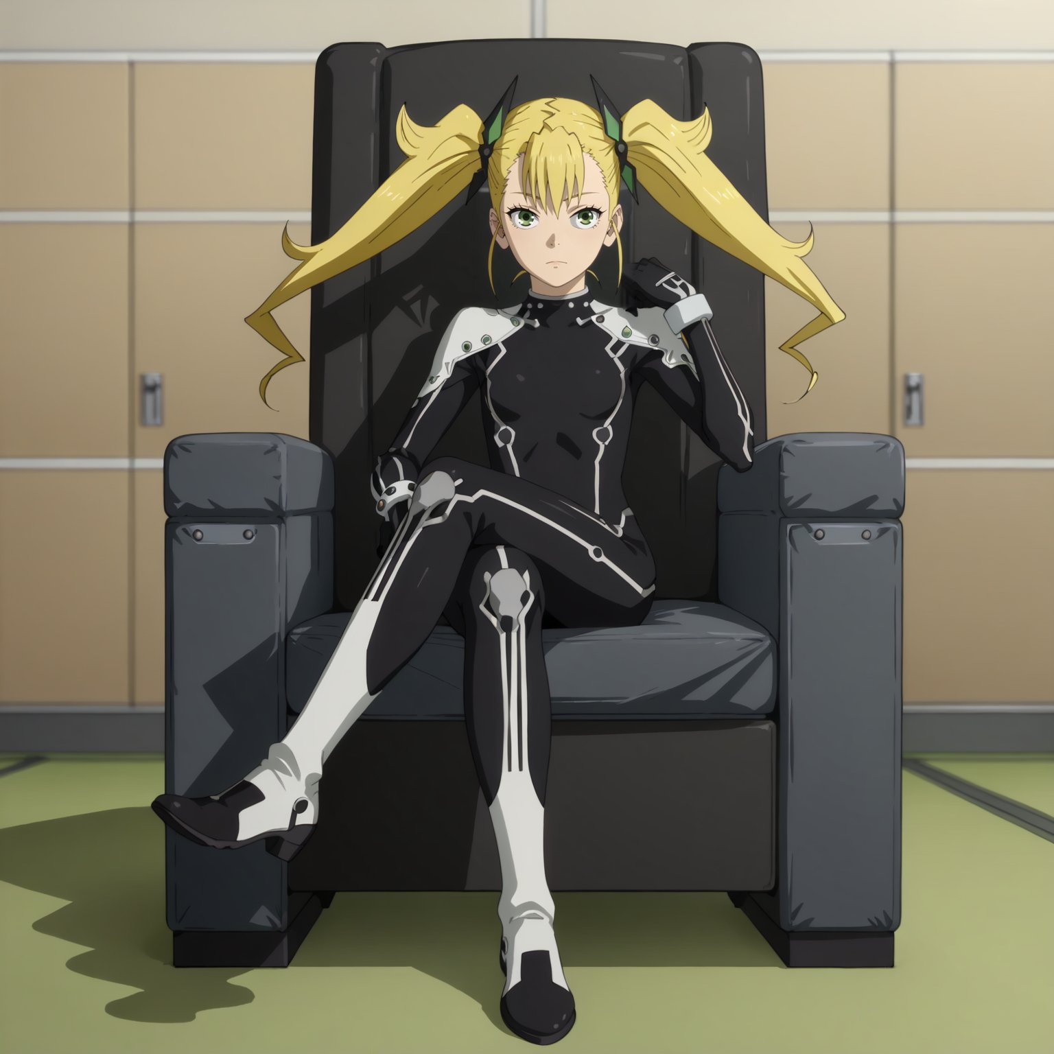 <lora:KikoruShinomiyaXLpony001>,solo,KikoruShinomiya,1girl,blonde hair,twintails,green eyes,body suit,full body,sitting,chair,crossed_legs,