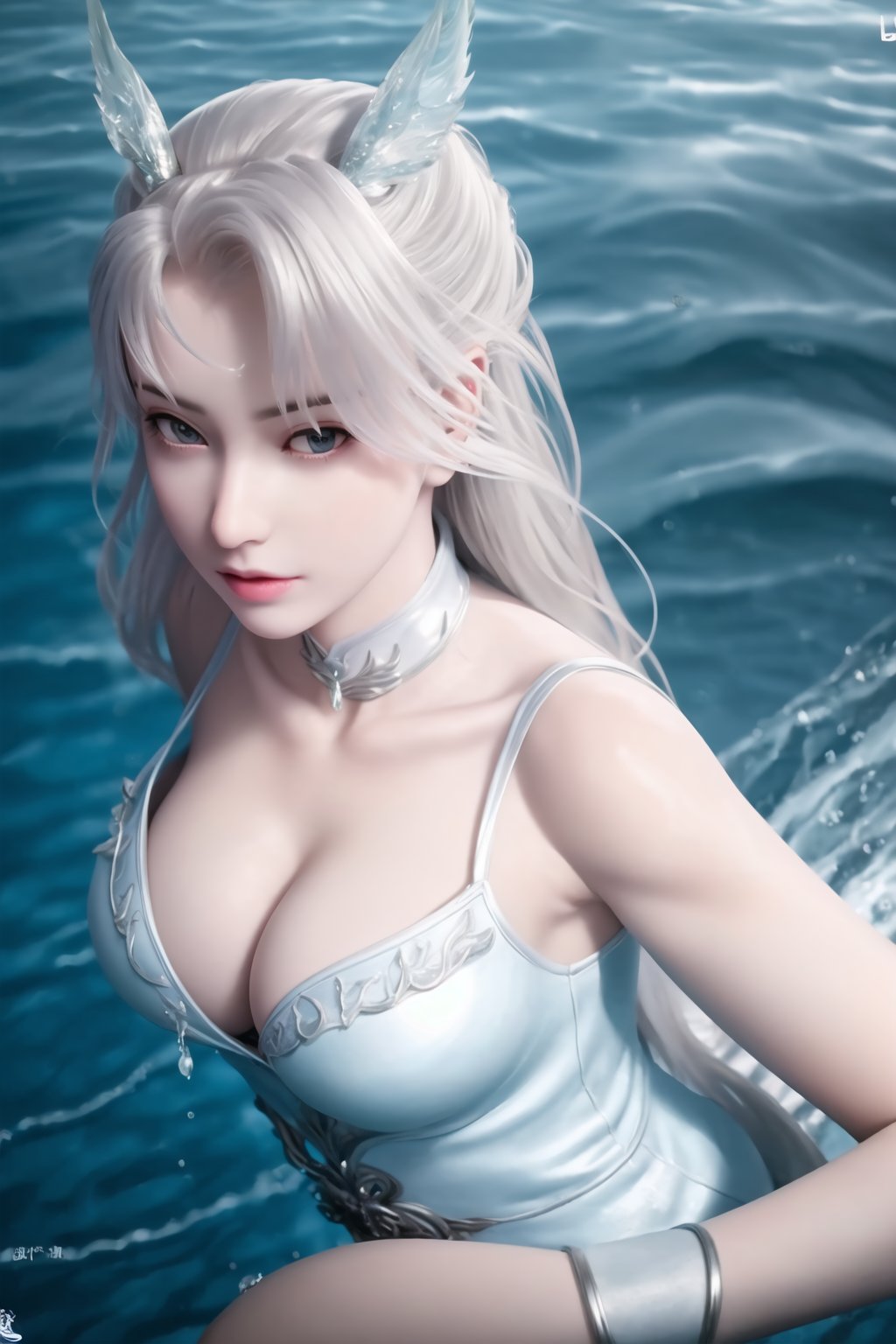 (8k, RAW photo, best quality, masterpiece:1.2),(realistic, photorealistic:1.2), ultra-detailed, extremely detailed cg 8k wallpaper,(crystalstexture skin:1.2), extremely delicate and beautiful,abyssal_ship, ocean, waves, glowing, teeth, water, loong,(full shot), (breasts, medium breasts, cleavage:1.2), looking_at_viewer,  