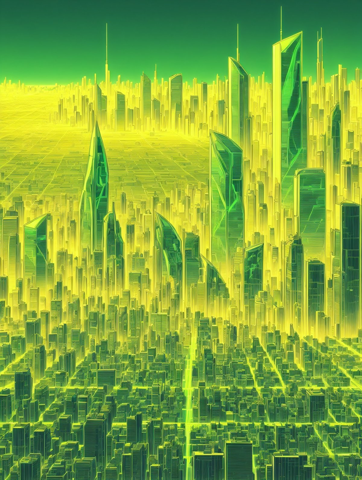 city skyline, emerald glowing outlines, green coloring,  grid,  cyberpunk, 1980s, retro, scifi , mad-cyberspace<lora:Neon_Cyberpunk_Cyberspace_SD1.5:1>, (masterpiece:1.2), best quality, (hyperdetailed, highest detailed:1.2), high resolution textures 