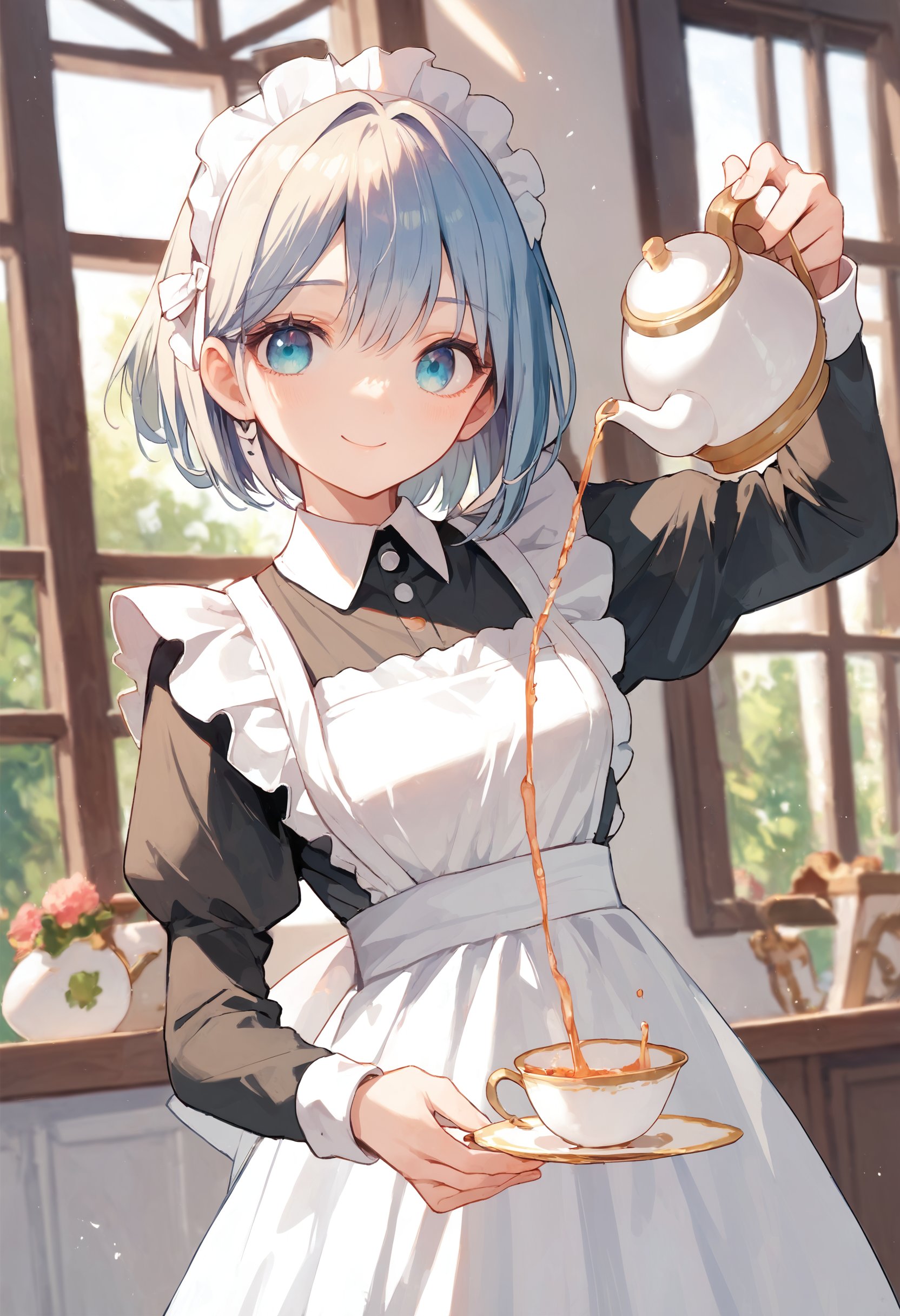 score_9, score_8_up, score_7_up, 1girl, pouring, holding cup, holding teapot, maid apron, smile<lora:holding_teapot_pouring_3_final_d32:1>