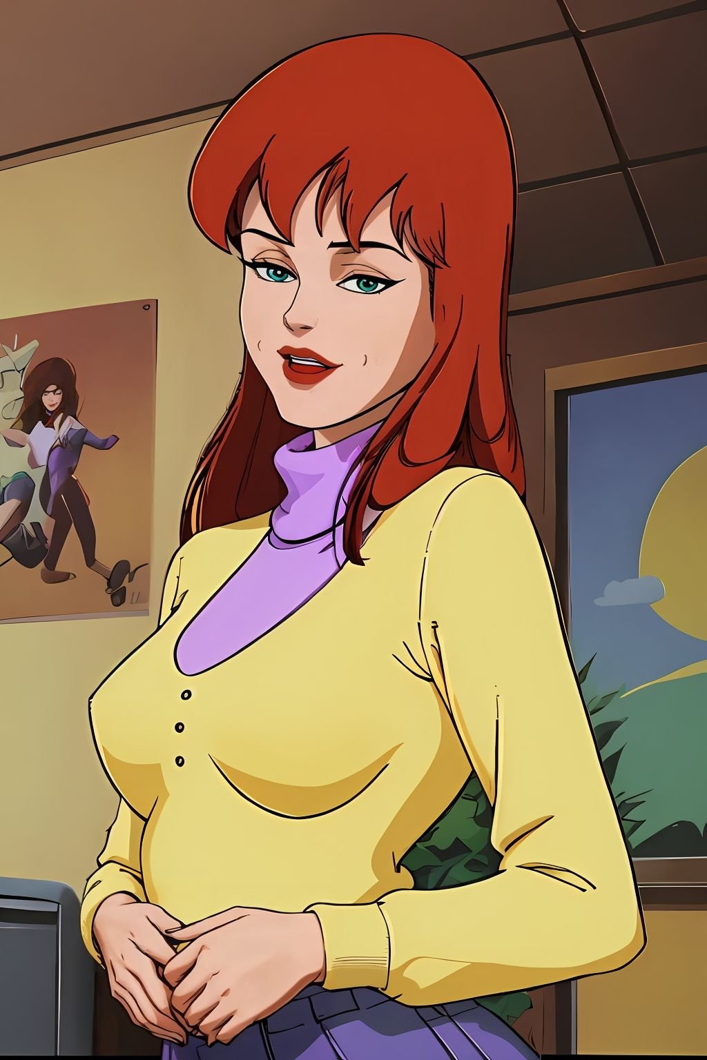 absurdres, mary jane watson, upper body, yellow sweater with purple turtleneck <lora:Mary Jane Watson_v1:1>