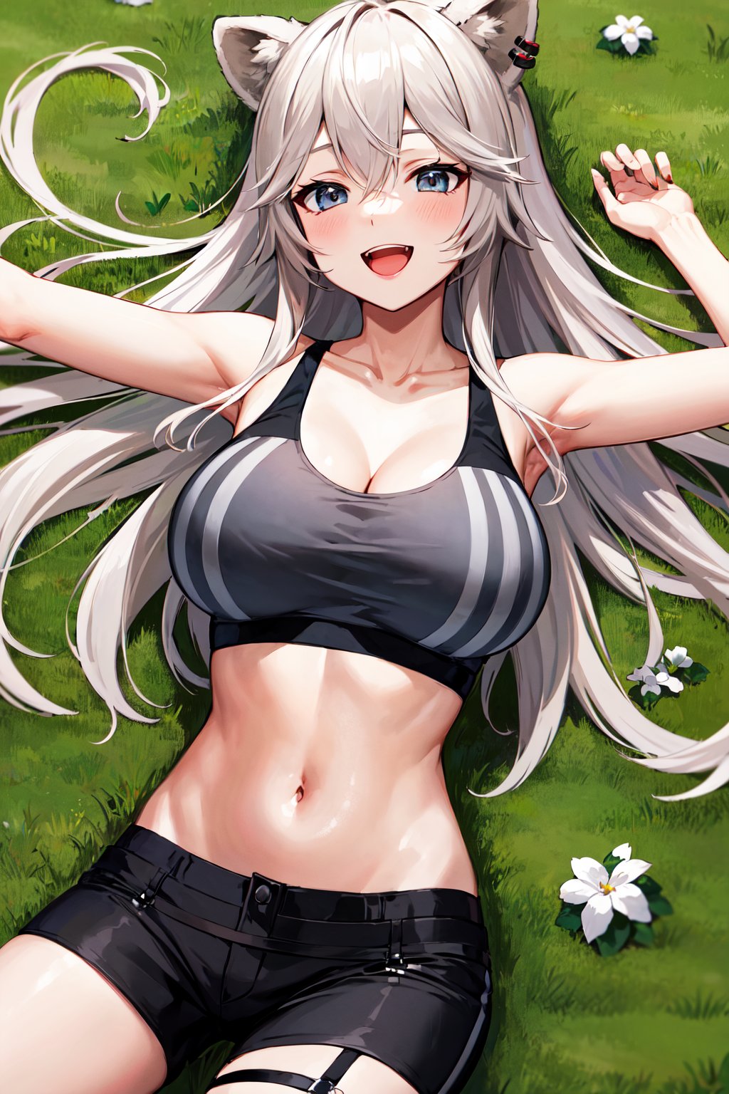 masterpiece, best quality, highres, ddbotan, long hair, ahoge, animal ears, ear piercing, large breasts, collarbone, bare shoulders, cleavage, black sports bra, bare arms, midriff, black shorts, thigh strap, <lora:shishiro_botan_v1:0.7>, lying, grass, field, outstretched arms, smile, open mouth, 