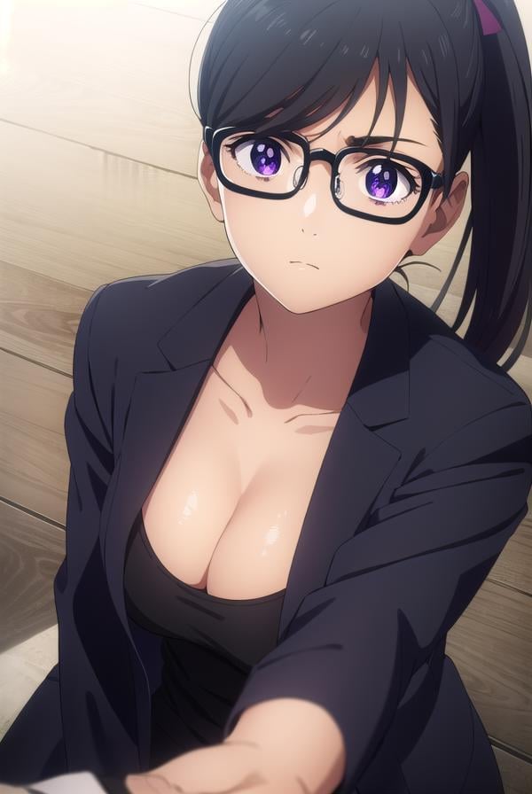 hizuruminakata, <lora:hizuru minakata s1-lora-nochekaiser:1>,hizuru minakata, long hair, black hair, glasses, (purple eyes:1.1), black-framed eyewear,BREAK ponytail, shirt, gloves, cleavage, collarbone, jacket, black gloves, pants, black jacket, black shirt, black pants, formal, suit,BREAK outdoors,BREAK looking at viewer,BREAK <lyco:GoodHands-beta2:1>, (masterpiece:1.2), best quality, high resolution, unity 8k wallpaper, (illustration:0.8), (beautiful detailed eyes:1.6), extremely detailed face, perfect lighting, extremely detailed CG, (perfect hands, perfect anatomy),