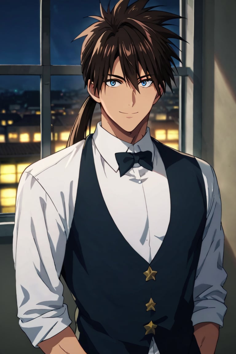 score_9,score_8_up,score_7_up,source_anime,1boy, male, solo, looking at viewer, Suiryu,brown hair,blue eyes, long hair, ponytail,smile, musclar,indoors, dress_shirt, Tuxedo, window, night<lora:EMS-385076-EMS:0.800000>