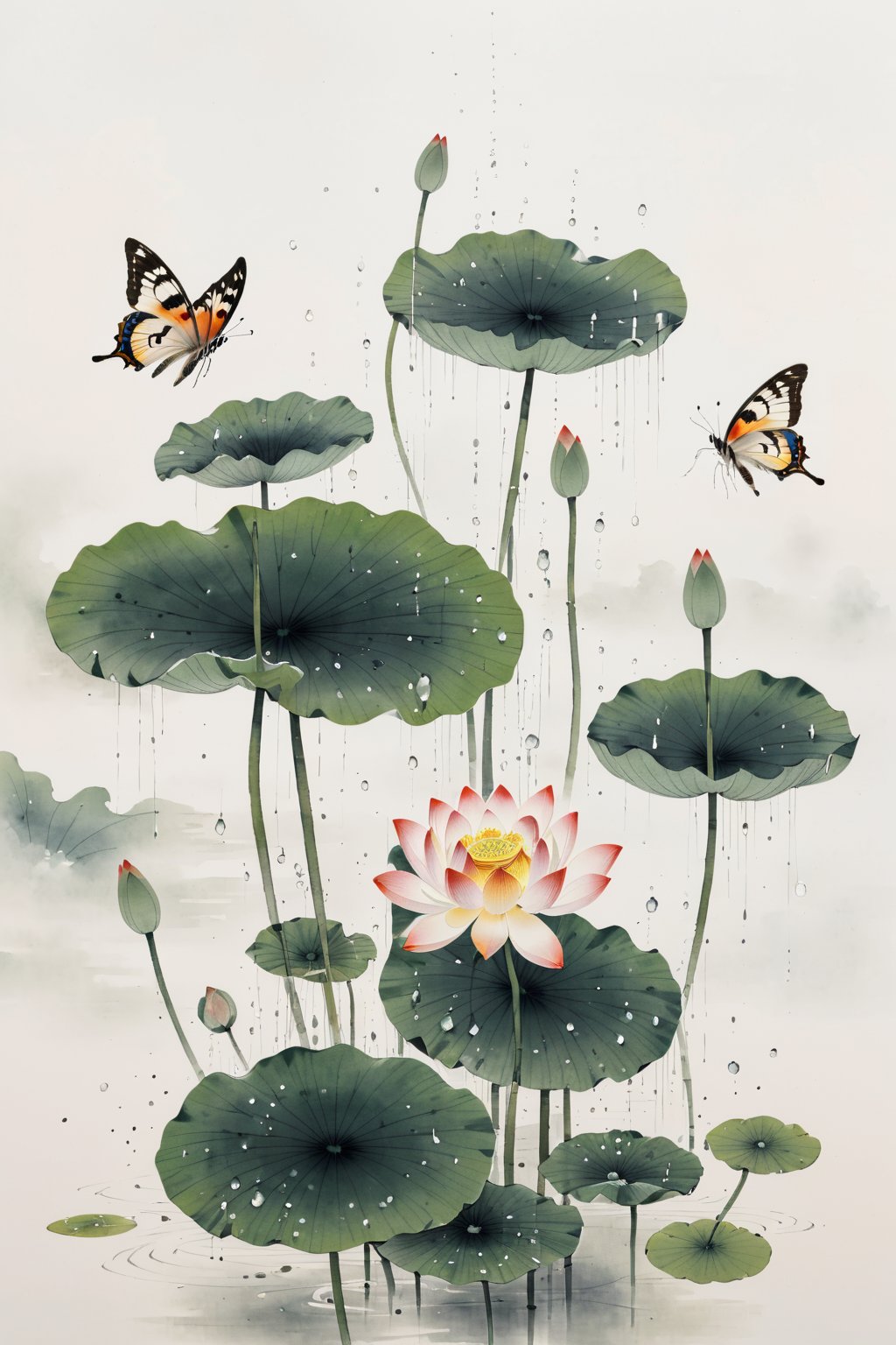 Best quality,8k,cg,falls,Rain,raindrops,Chinese ancientpaintings,traditional chinese ink painting,butterfly,lotus,chinese meticulous ink,illustration,white background,centered,completed,<lora:工笔水墨:0.8>,